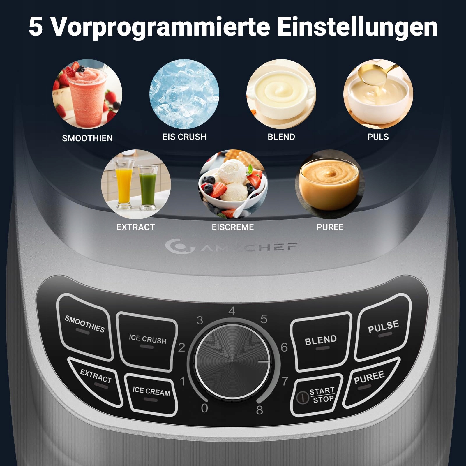 AMZCHEF Blender 1800W Do Kuchni 8 Prędkości 1,85L Shakes Smoothies Lód — miniatura 3