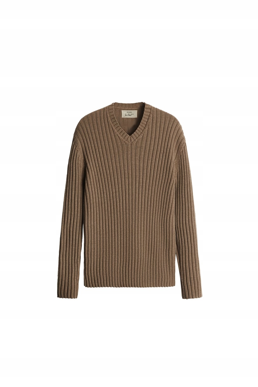 ZARA ORIGINS SWETER V WEŁNA LUX PRĄŻKI NORKOWY L Dekolt serek/dekolt V