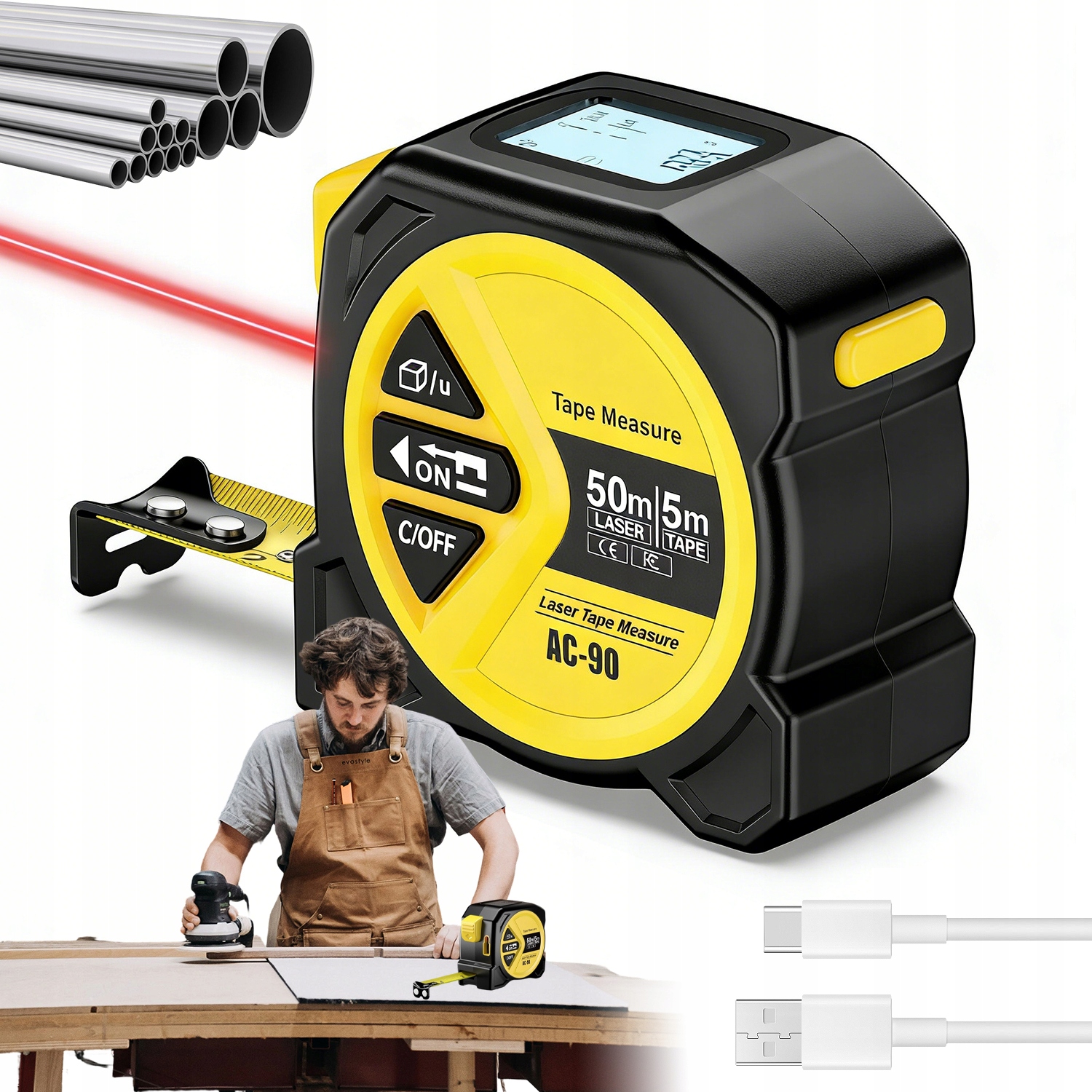 Laserový Dálkoměr 50 M S Navíjecím Měřítkem 5 M, Měřič LCD displej 2 V 1
