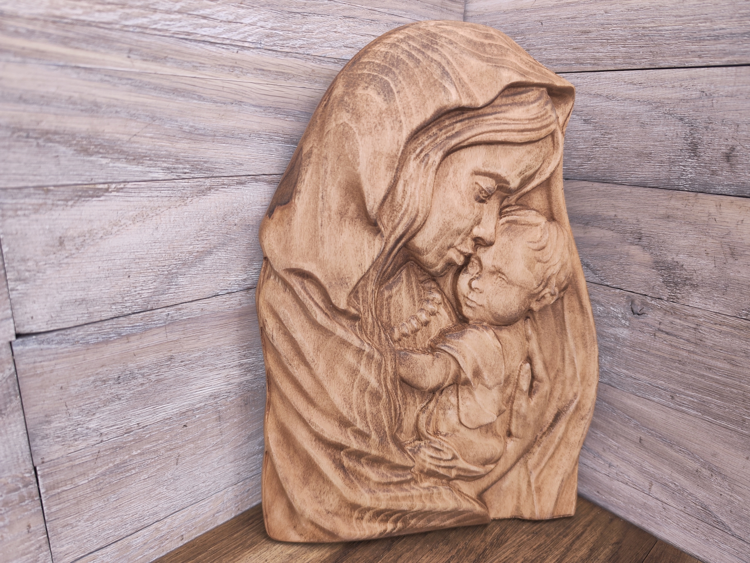 Dřevěný obraz dárek svatba Den matek Marie Madona s dítětem 32CM