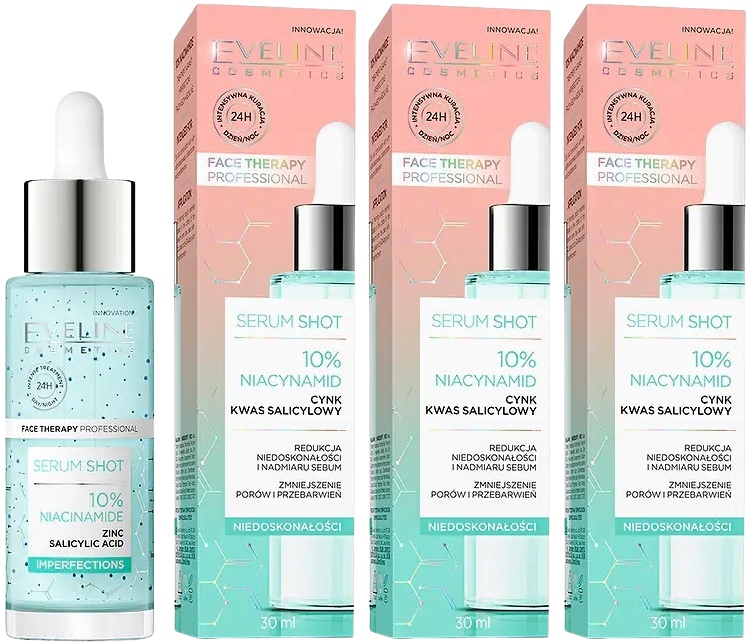 3 kusy Sérum Shot Nikotinamid Nedokonalosti Eveline 30 ml Příznaky akné