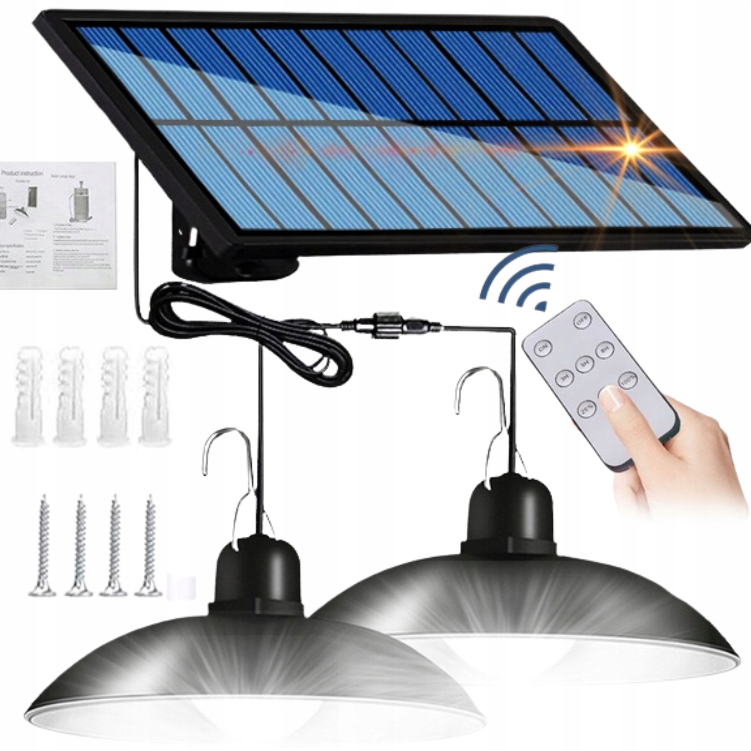 LAMPA SOLARNA x2 LED WISZĄCA ŻYRANDOL PILOT ZESTAW