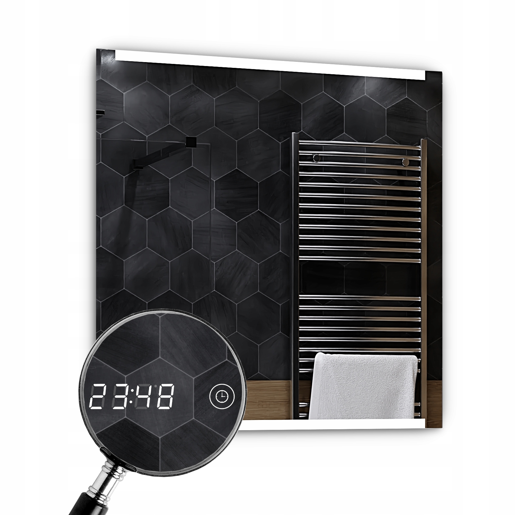 Zrkadlo s Led 70 x 70 cm Hobart Dotykové hodinky