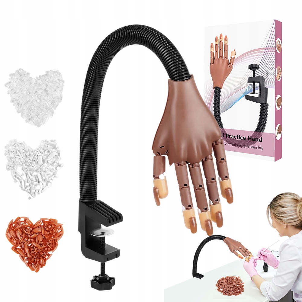 Ruční figurína na nehty s 300 tipy Klips Elastický stativ