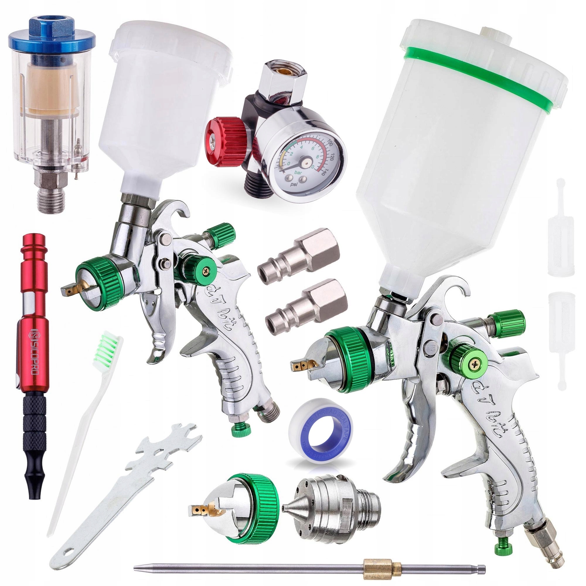 Lakovací Pistole 2x Pro Malování Trysek Hvlp 0,8 1,4 1,7 Reduktor Filtr