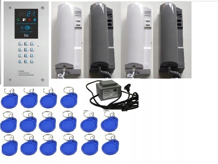 domofon Elprod 4 rodzinny rfid kody breloki 2 żyły 4x unifon szary zasilacz