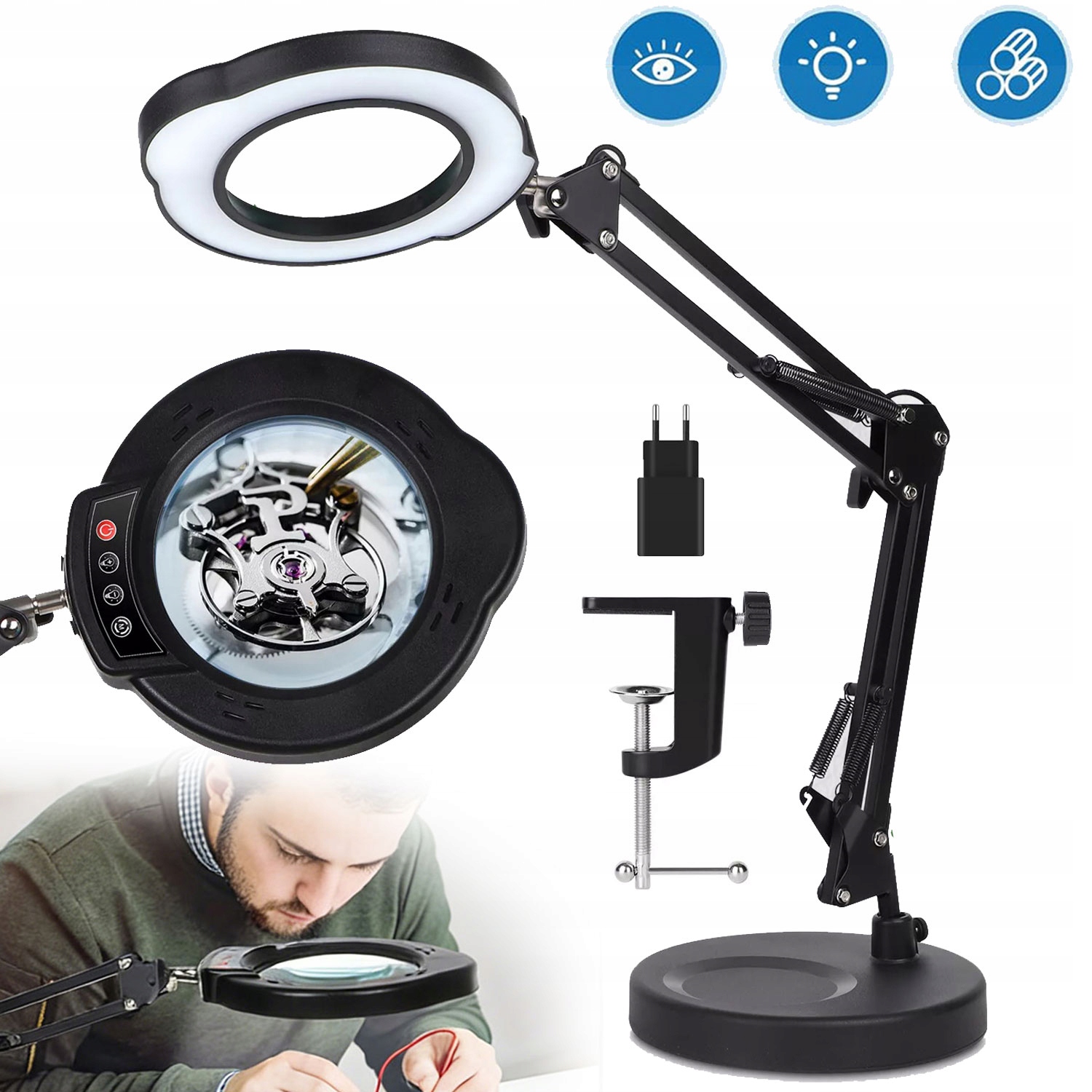 Lampa Z Lupą Biurowa Kosmetyczna Powiększenie Kreślarska 10 X Regulacja