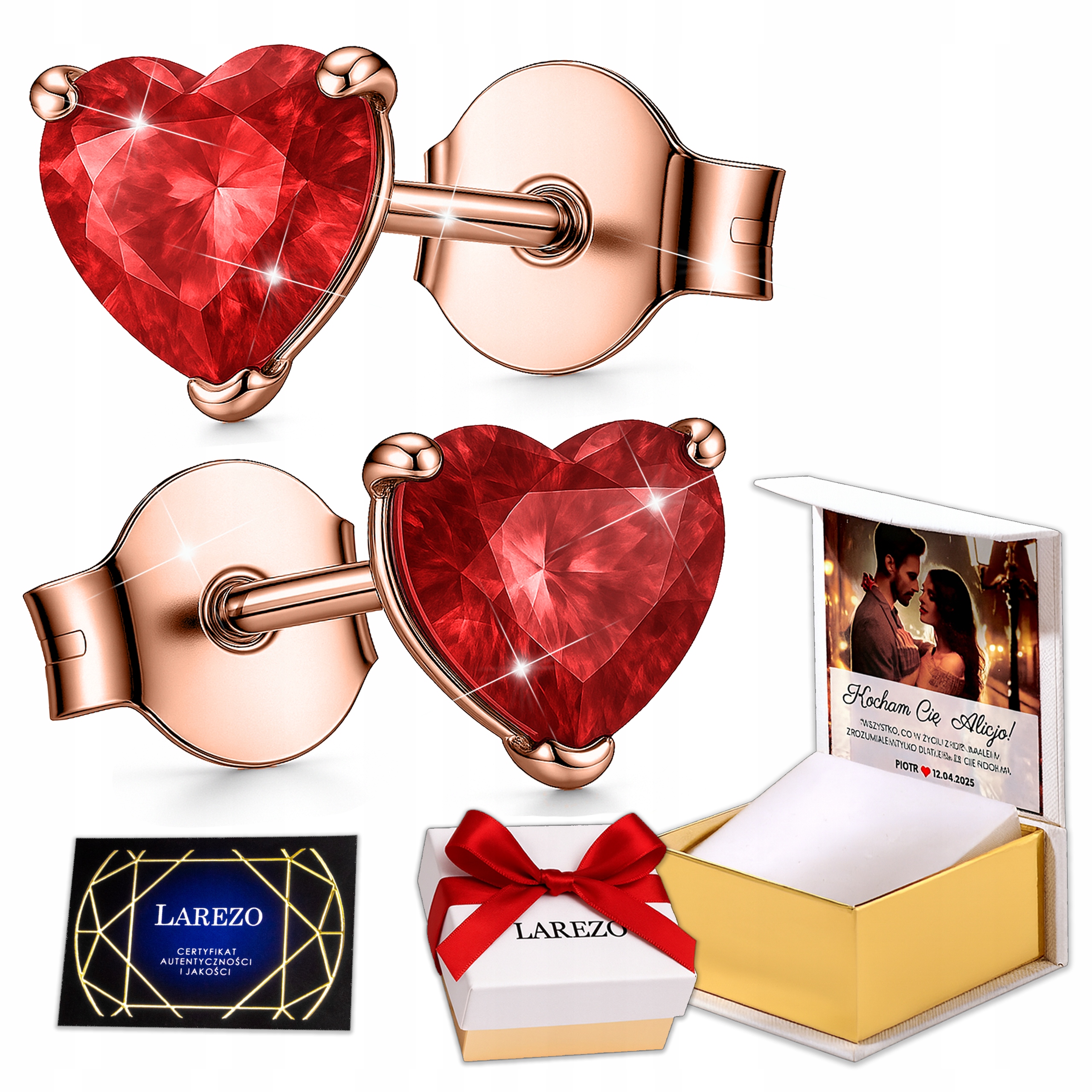 Náušnice Pozlacené 925 Červené Křišťálové Srdce Rubínová Zirkon Potisk