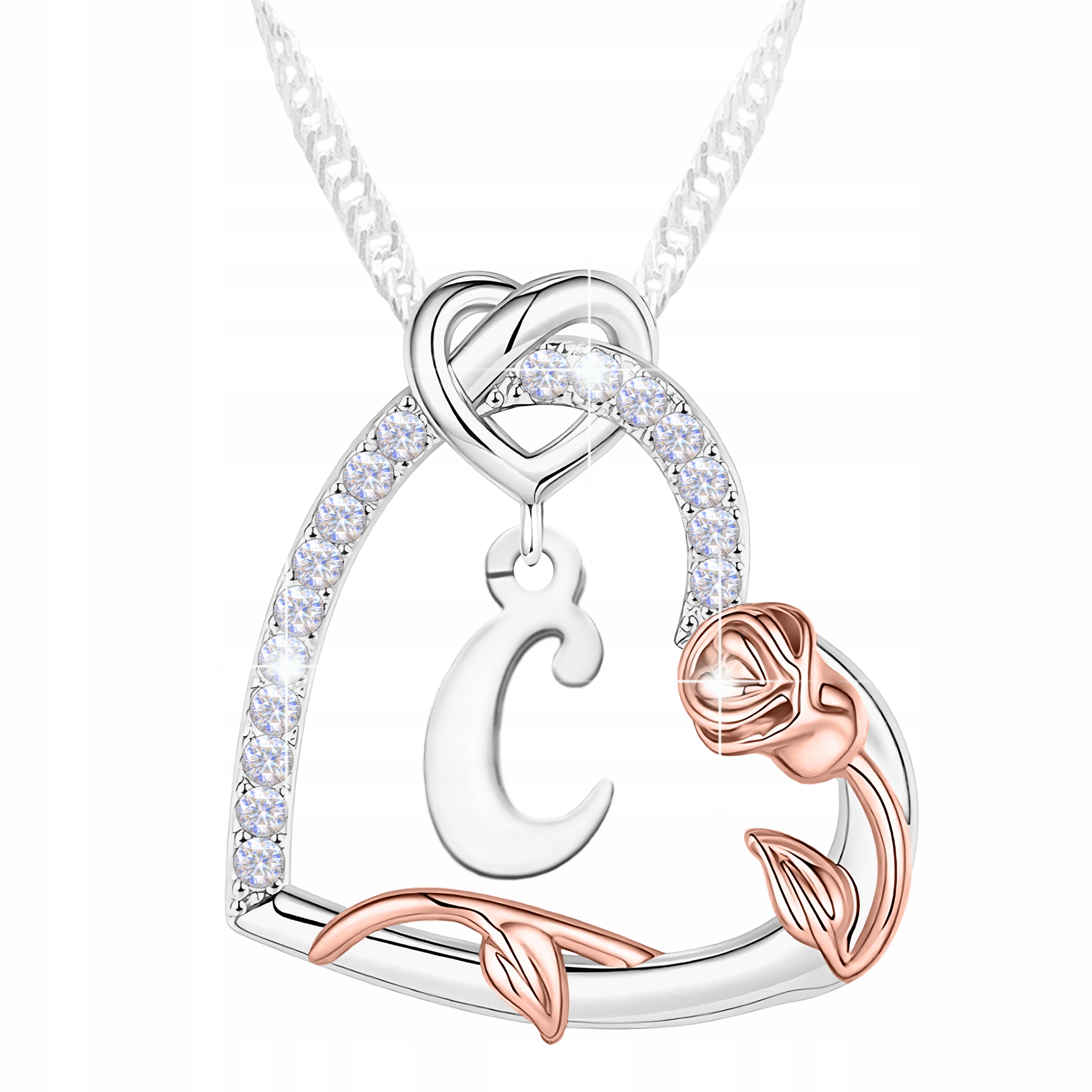 Stříbrný náhrdelník Písmeno se zirkony Srdce Písmeno C Květina Růže Stříbro 925