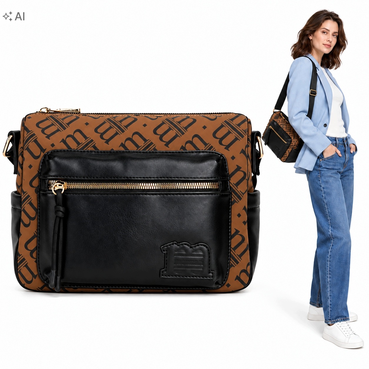Torebka listonoszka crossbody Monnari BAG3820-M17 ze wzorem j. brąz