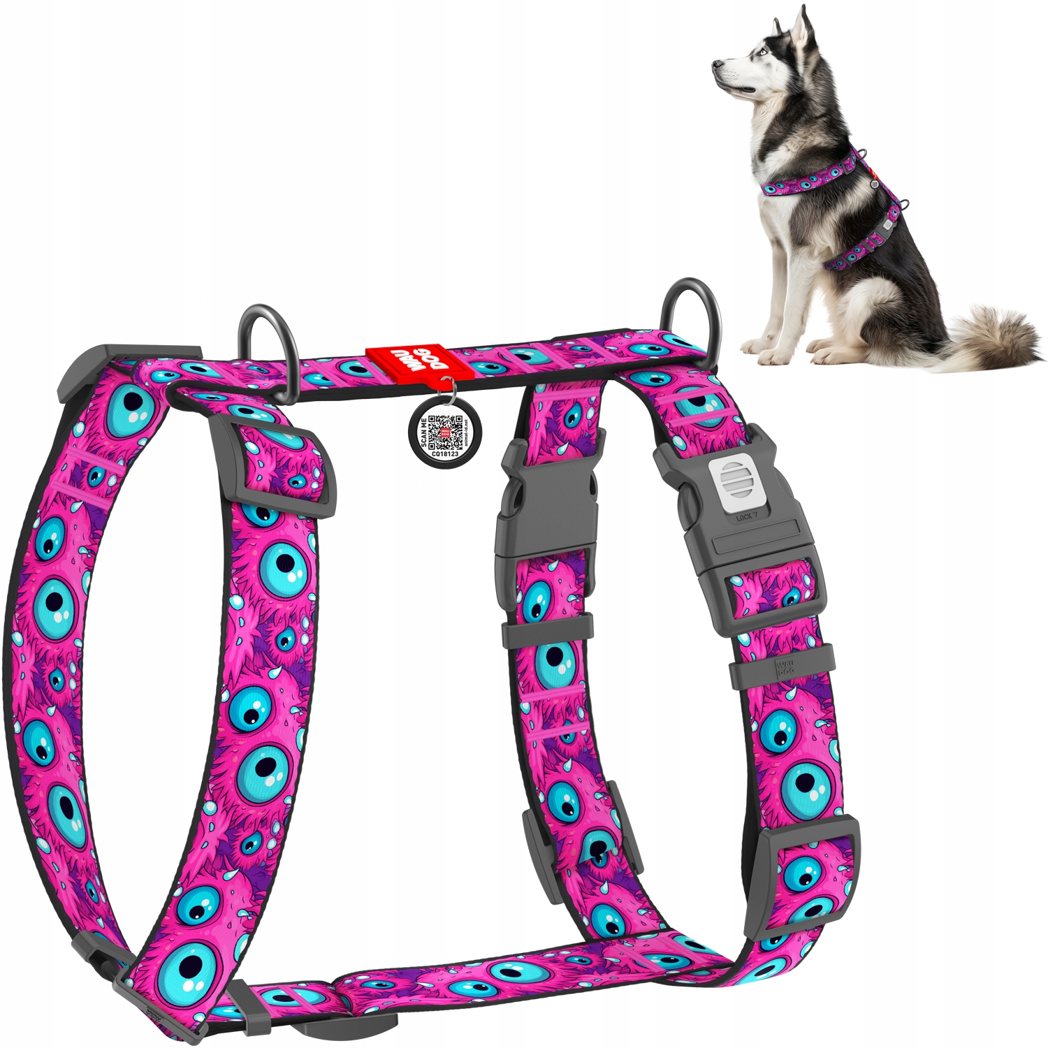 Levně Anatomické postroje pro psa ve tvaru písmene, kresba Oko monstra, XL