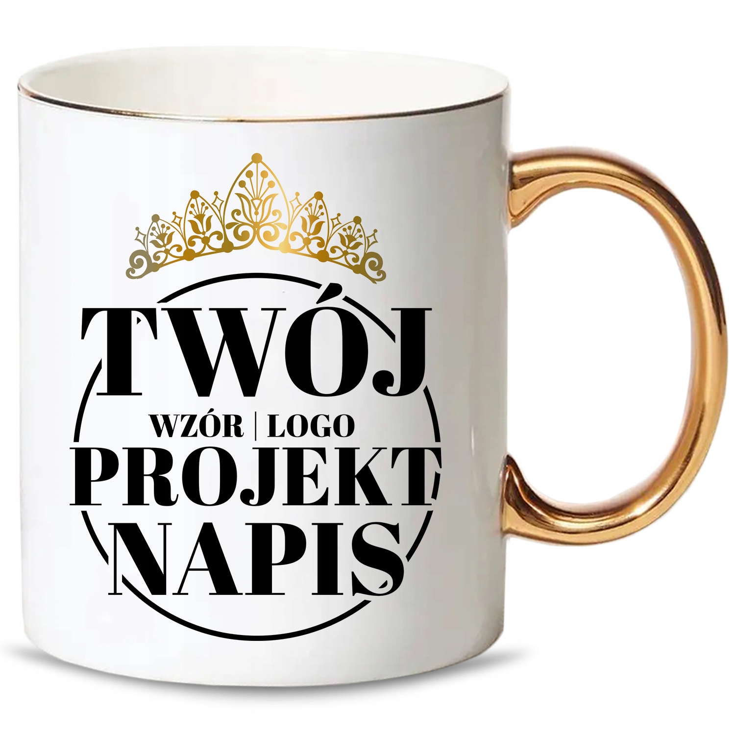 

Kubek Złoty Rant i Ucho Twoje Logo Gadżet do Firmy
