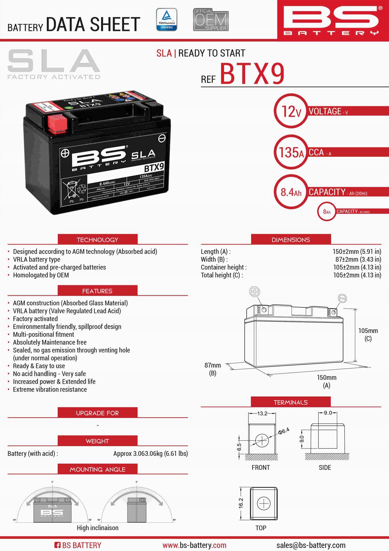 Bs Akumulator BTX9 (fa) (YTX9-BS) 152X88X106 12V 8AH Bezobsługowy Zalany