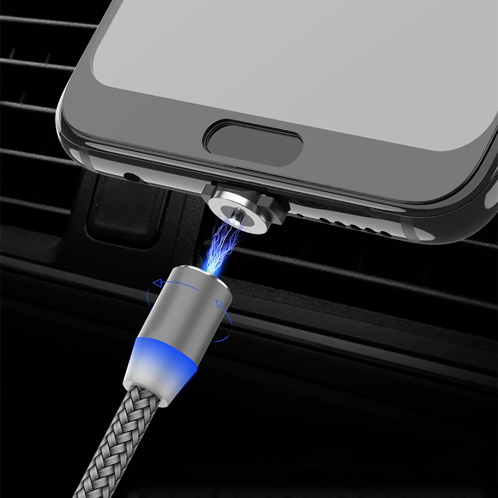 KABEL MAGNETYCZNY 3w1 DO IPHONE LIGHTNING ANDROID MICRO USB TYP-C OPLOT 1m Kolor srebrny