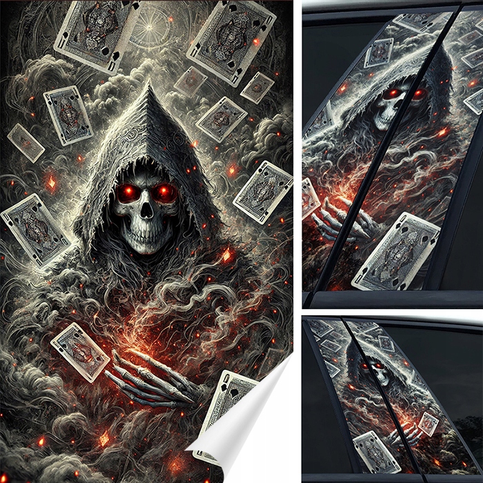 2x Nálepka na sloupky dveří auta Lebka Démon S Kartami 50x30