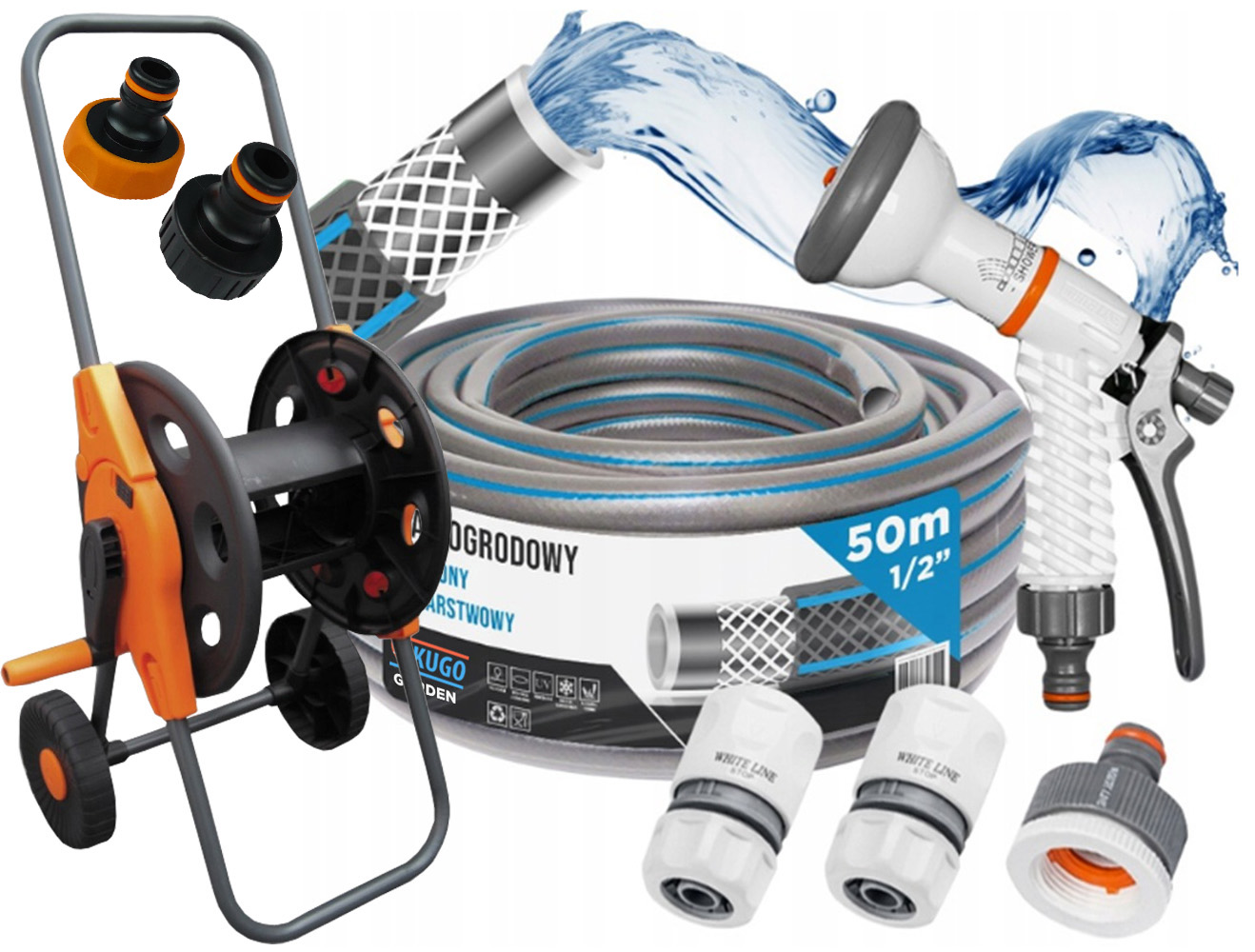 Hadice 1/2" 50 m 4 Vrstvy Pistole Vozík Spojky Sada Bradas