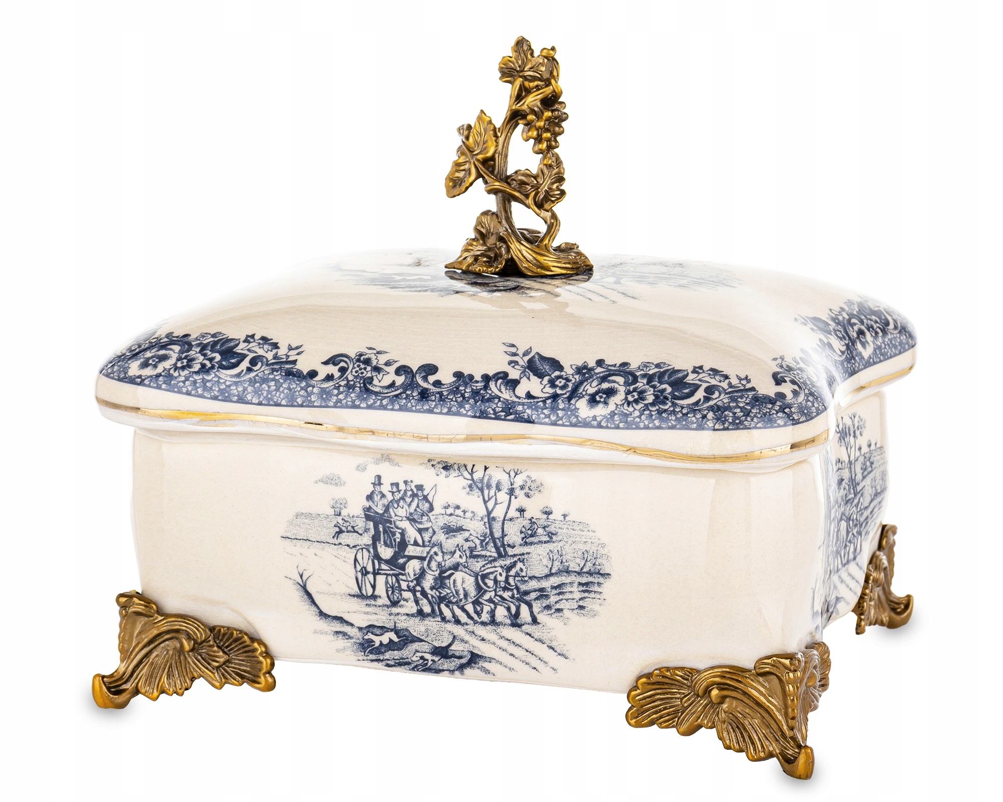 Palácová krabička Retro keramika starnúca biela modrá zlatá patera