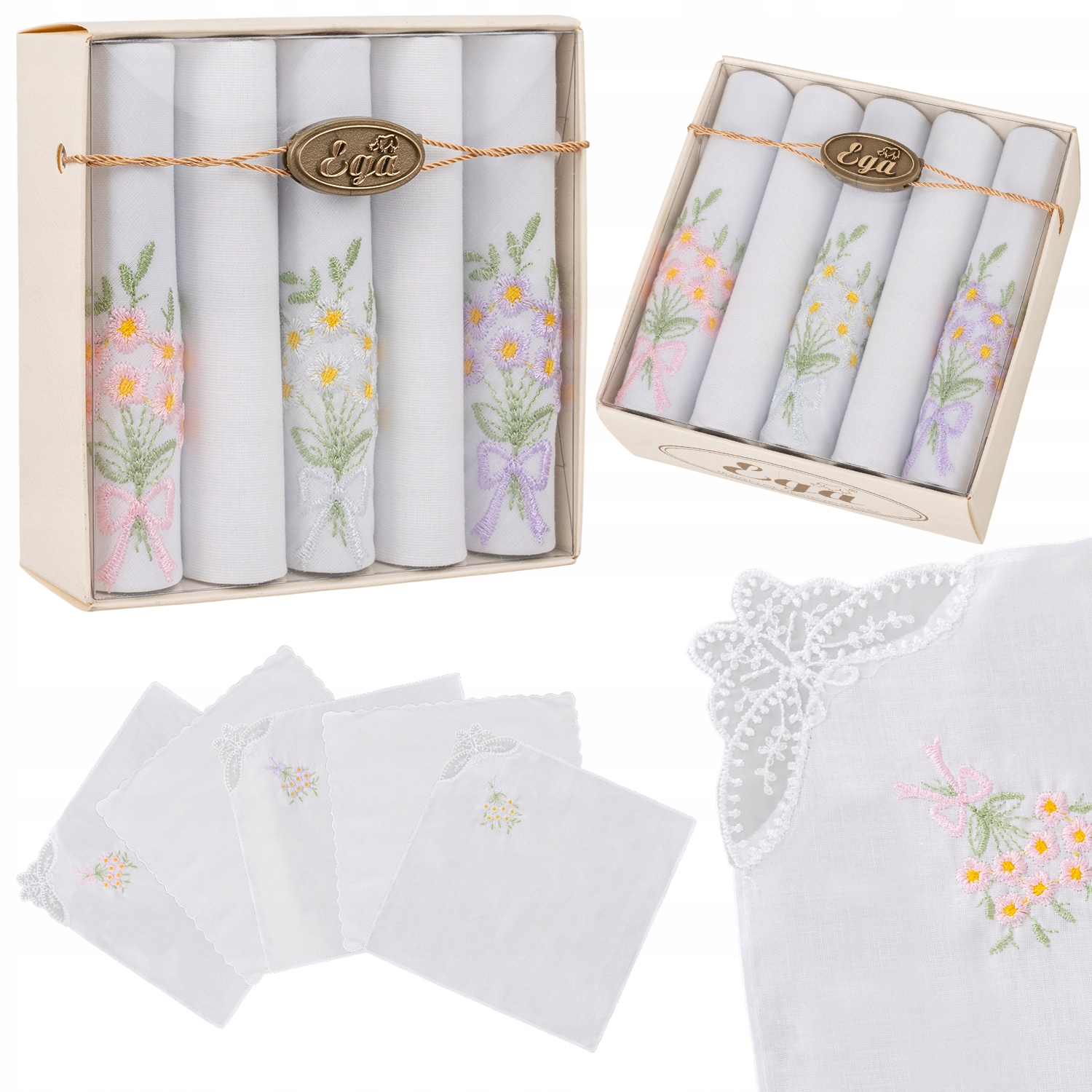 5x CHUSTECZKI DO NOSA PASTELOWE HAFTOWANE KORONKA BAWEŁNIANE ELEGANCKIE