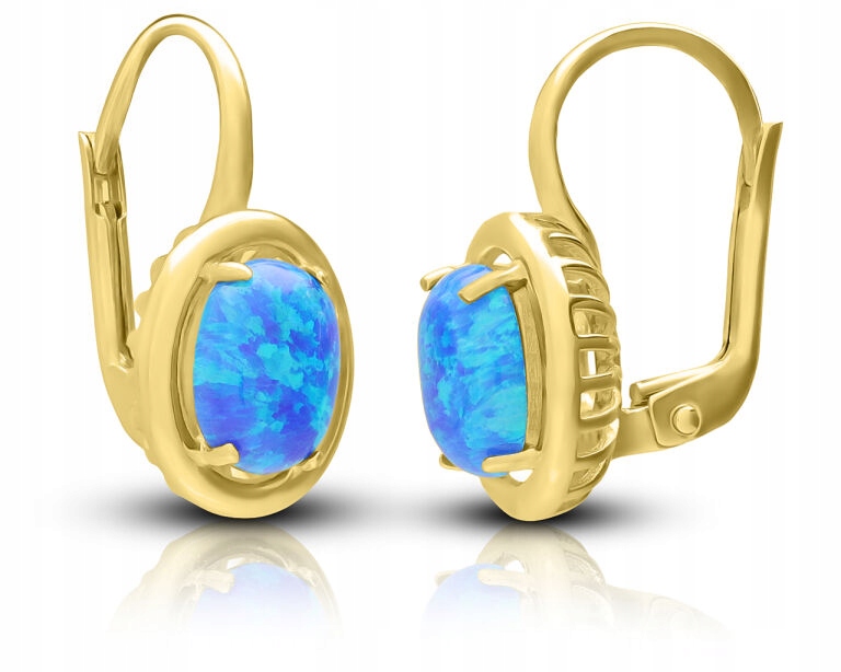 Zlaté Náušnice s modrým opálem, oválné, dámské, ryzost 585
