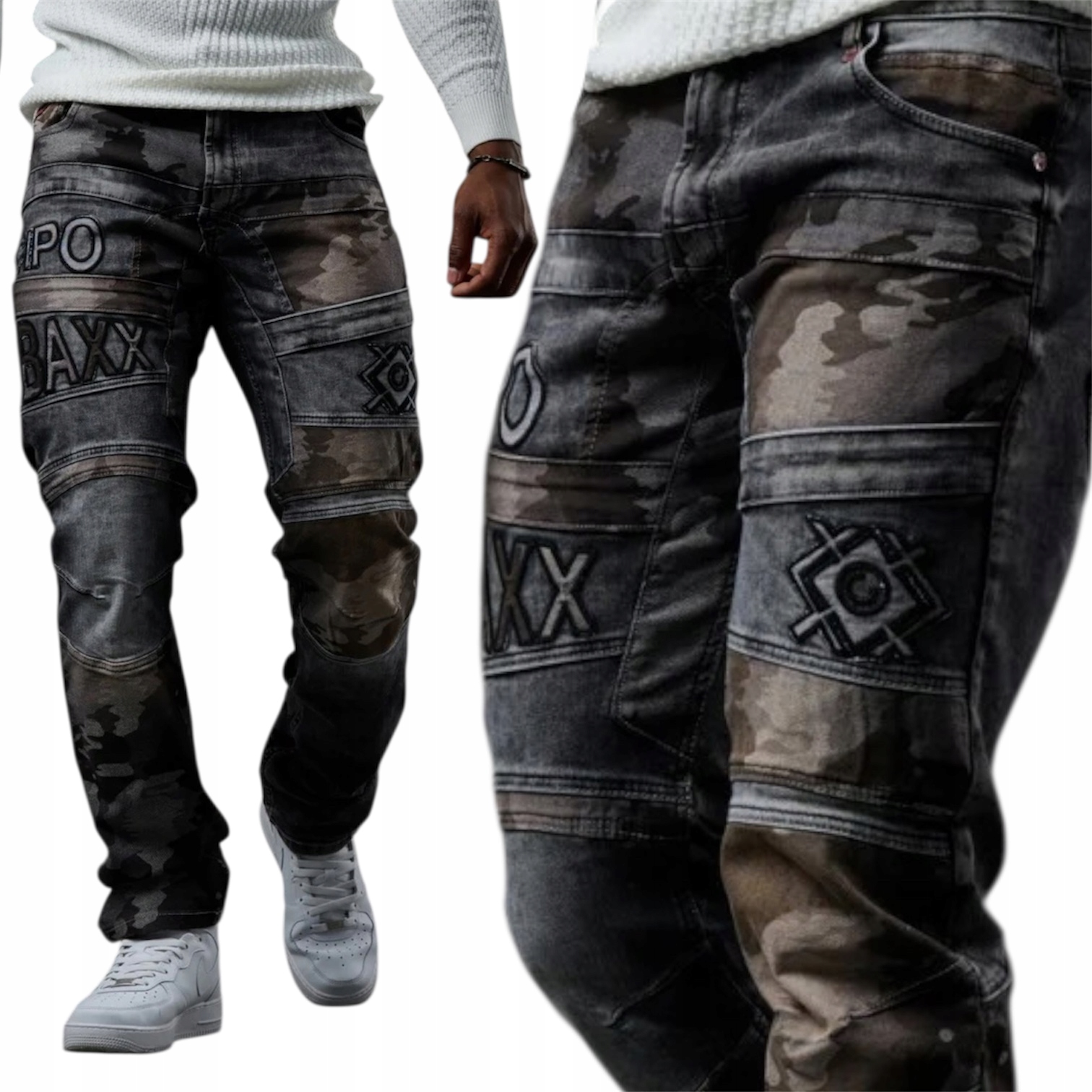 Kalhoty Maskáčový Pánské Džíny Cipo Baxx Výšivky Logo Elastické 32/32