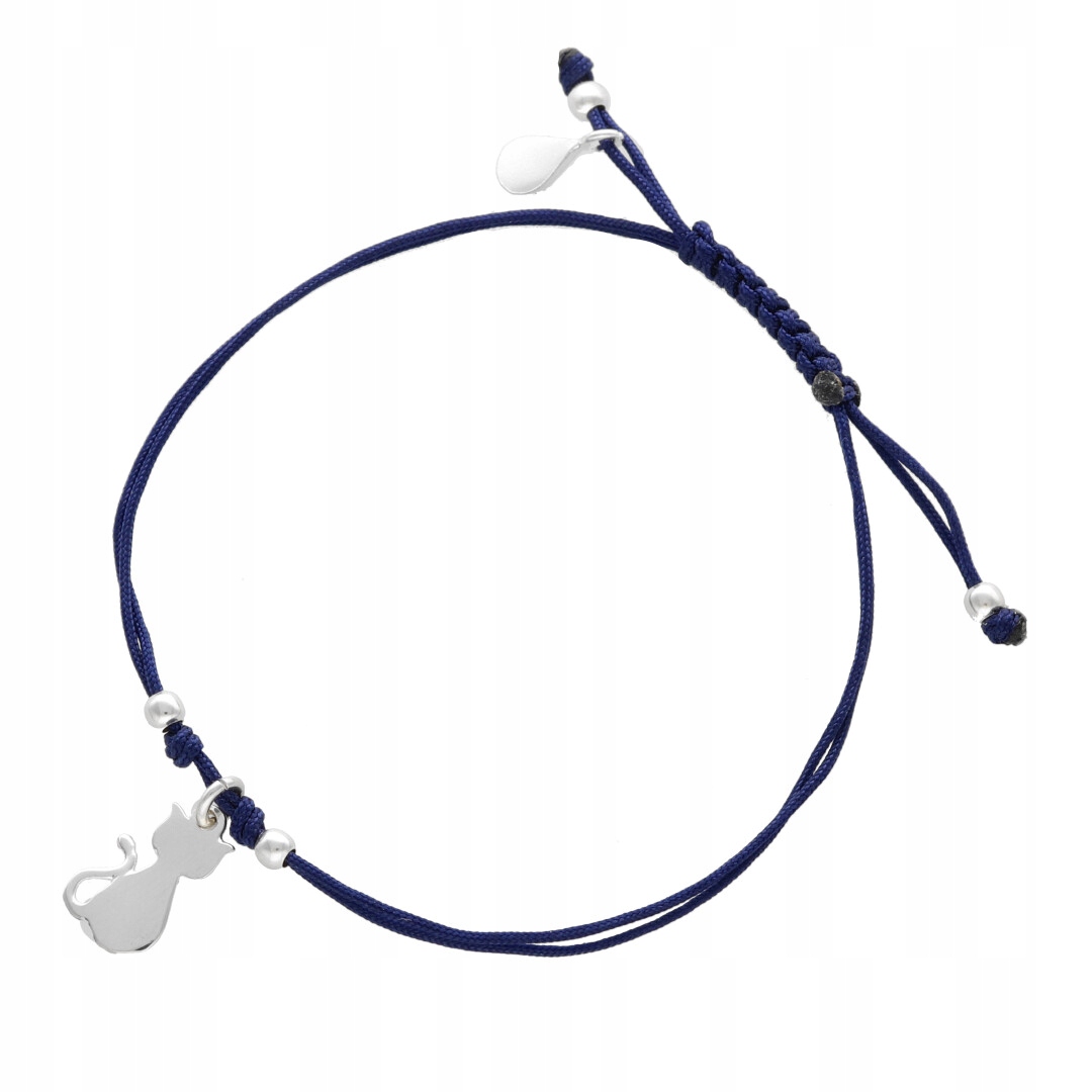 Šňůrkový náramek kočka tmavě modrá stříbro