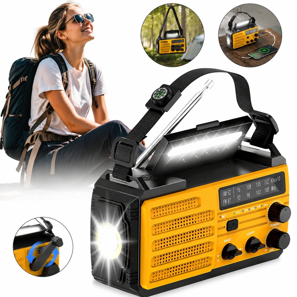 Przenośne Radio Na Korbkę Solarne Sos Budowlane Latarka Powerbank 8000mAh
