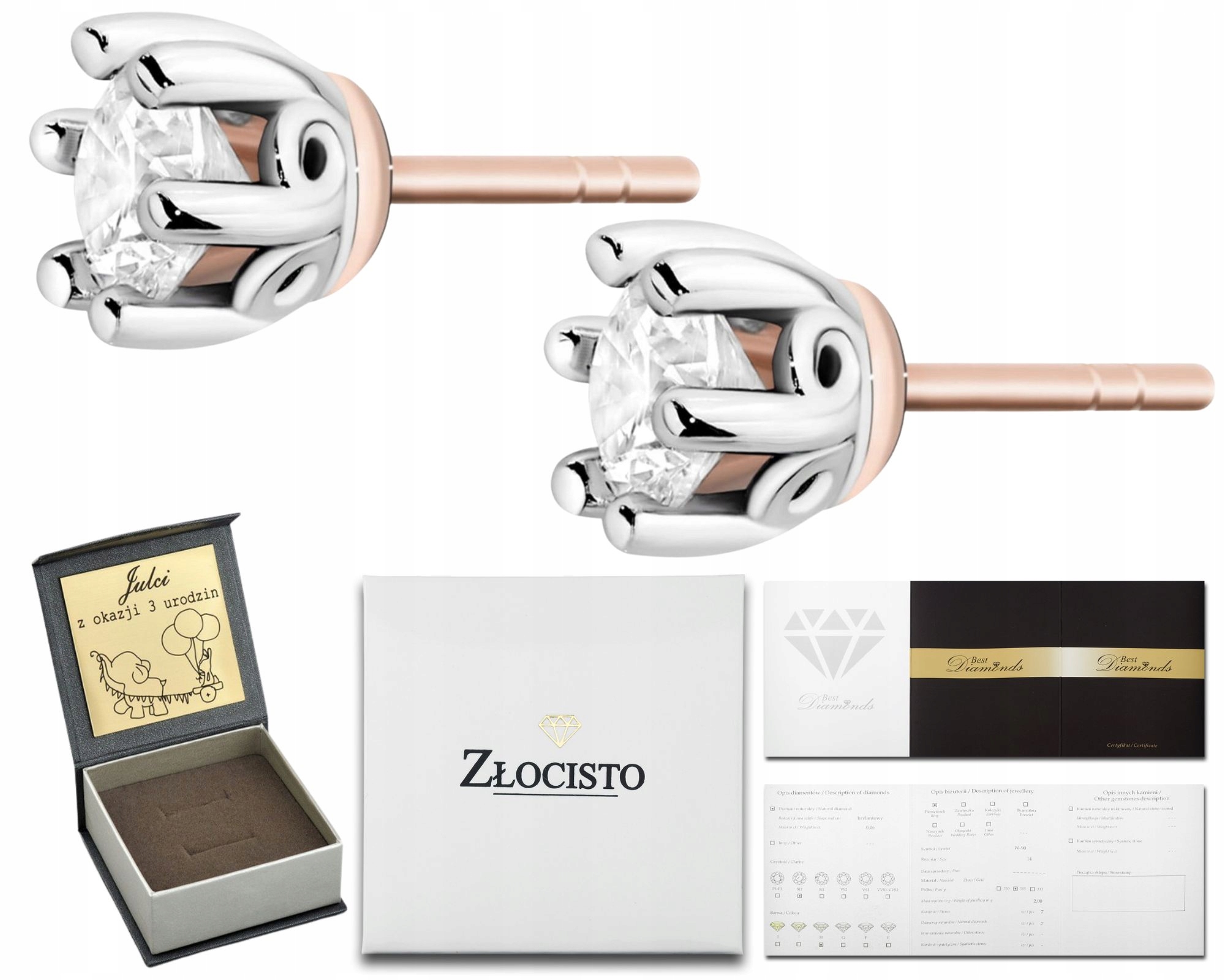 Růžové Zlato Náušnice S Diamanty, Tyčinky Jako Dárek Gravírování