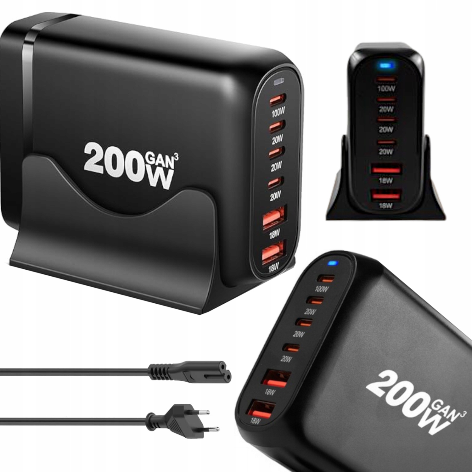 Extra Silná Síťová Nabíječka Dokovací Stanice 200W GaN 2xUSB 4xUSB-C Qc