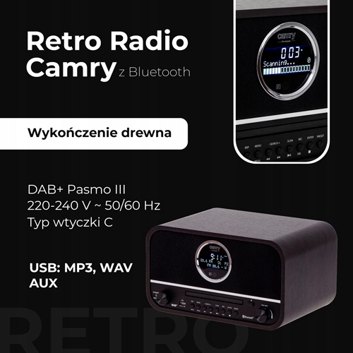 CR 1182 Retro Radio Bluetooth DAB+ FM CD Drewno Eleganckie