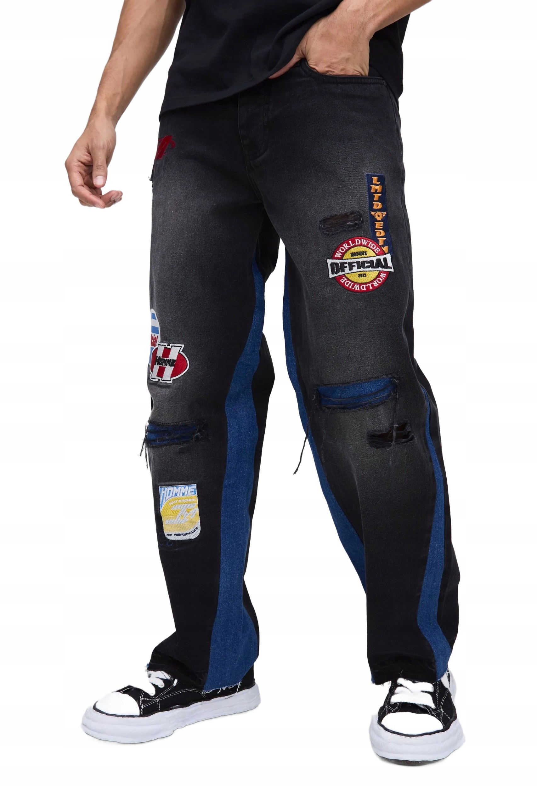 Boohooman Pánské Rovné Džíny S Dírami A Nášivkami, Modré, 32 Z3A