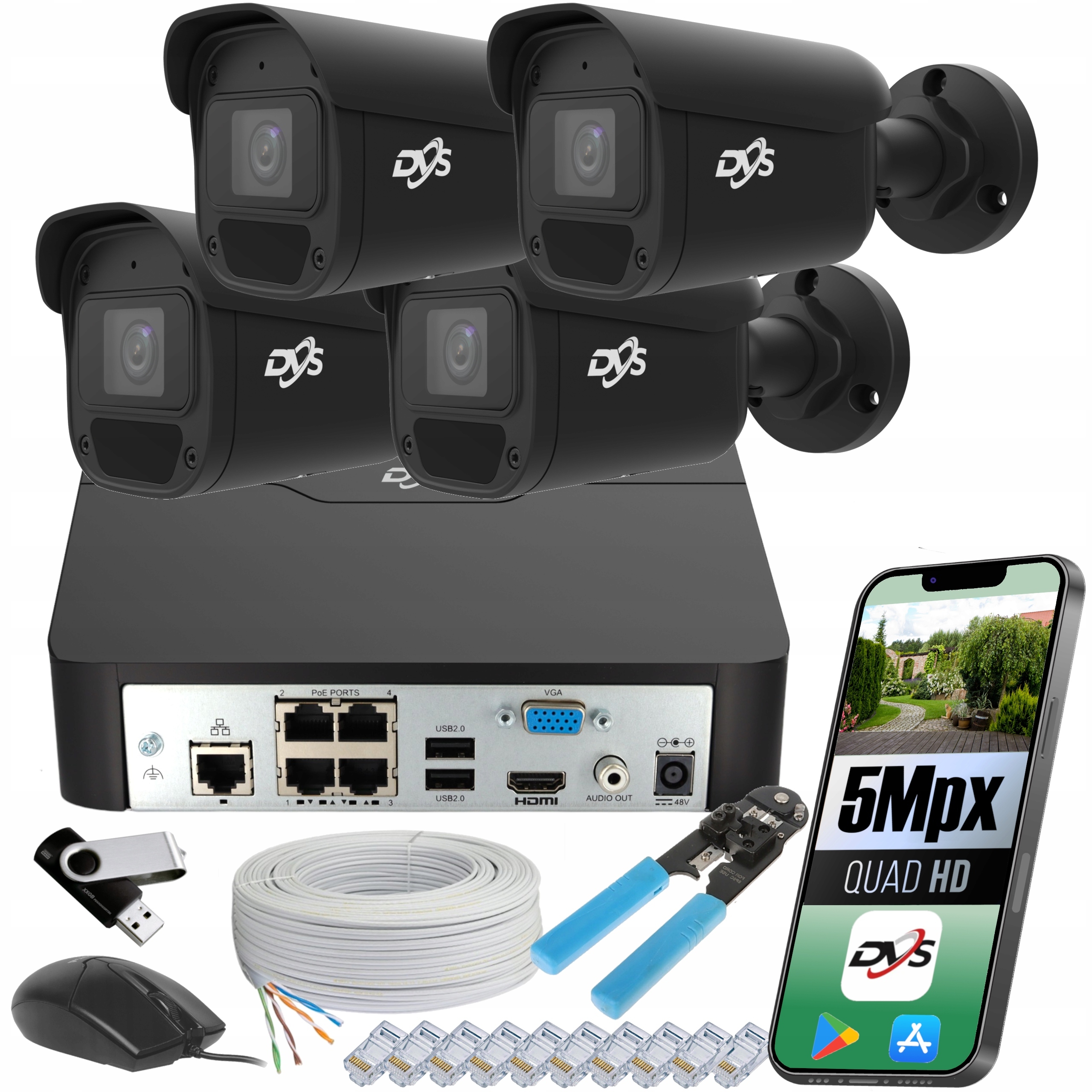 Sada Cctv 4 Kamery Ip 5MPX PoE Tubové Venkovní Kovové Černé Napájení