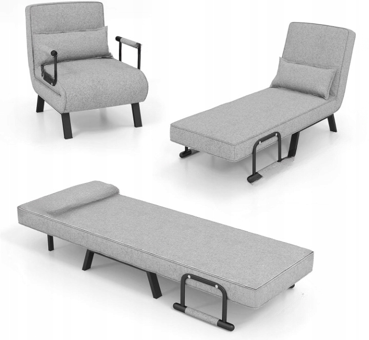FOTEL KRZESŁO ROZKŁADANE ŁÓŻKO JEDNOOSOBOWE WYGODNE DO SPANIA SZARE