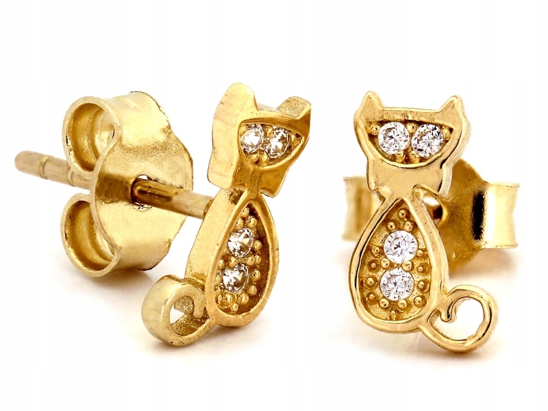 Zlaté Náušnice 585 na zapínání, tyčinka s bílými zirkony, kočičky na jaře