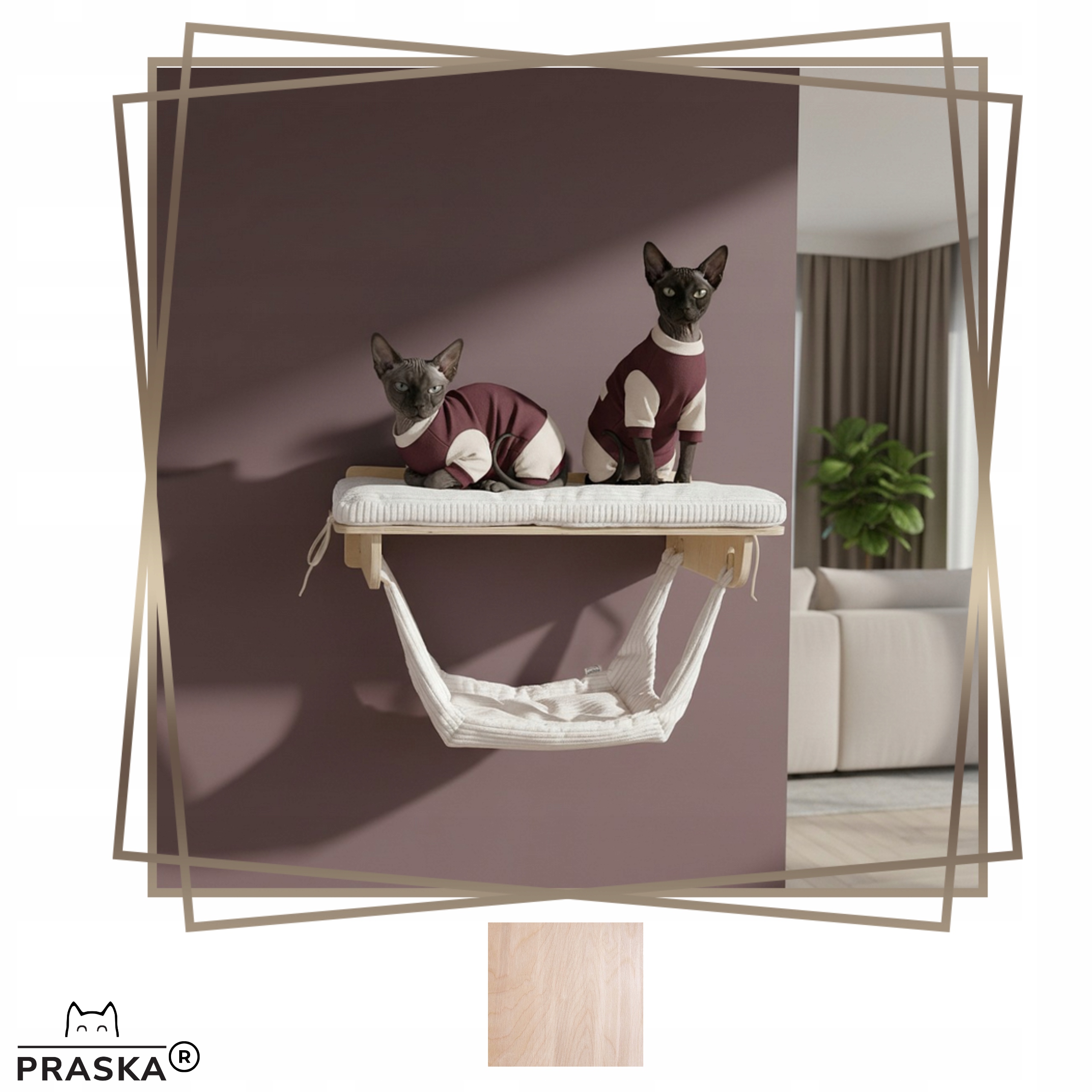 Levně Pražská polička na zeď pro kočky s houpací sítí ShelfCloud 75x35 cm Natural