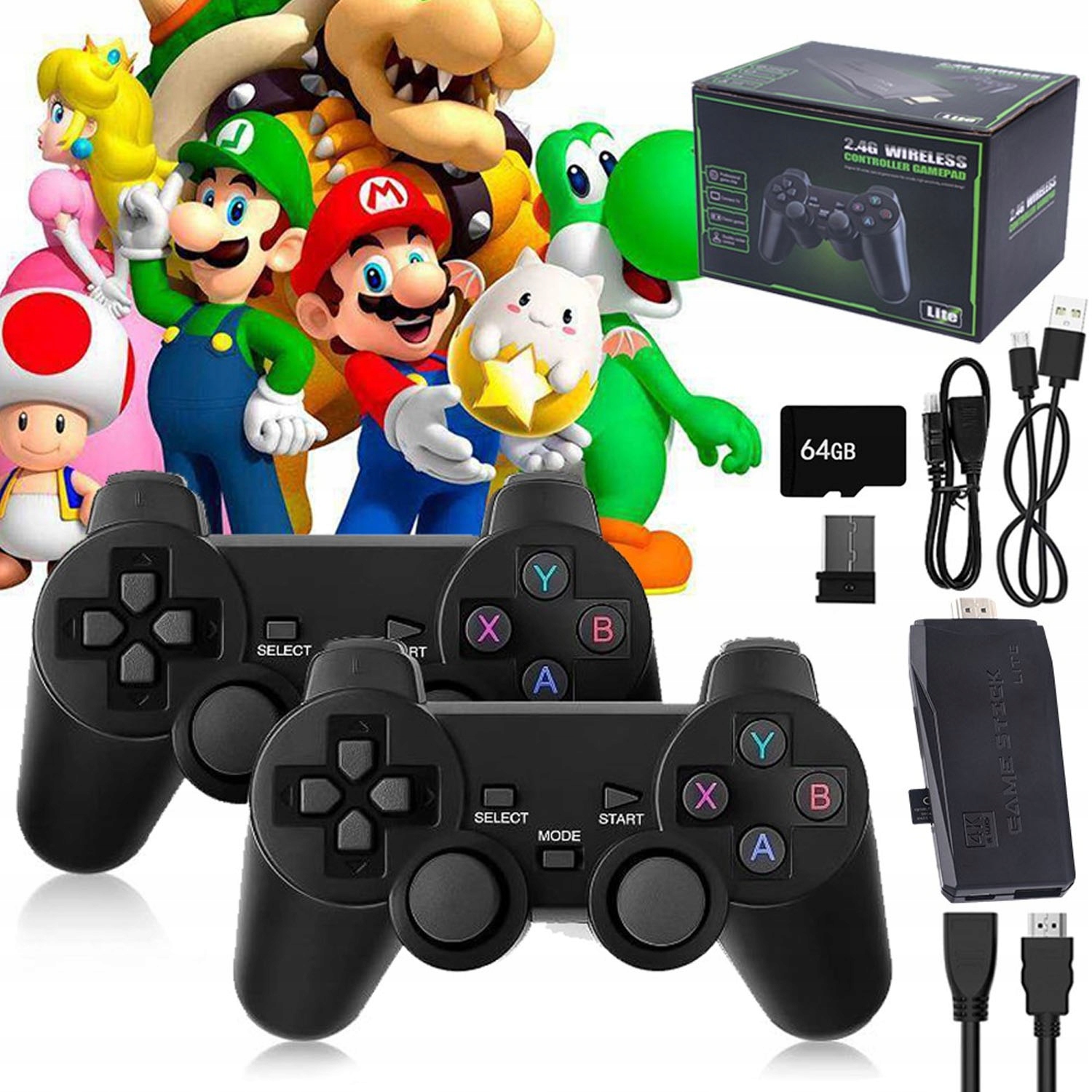 Konsola Do 20000 Gier Retro 2 Pady Game Stick -bezprzewodowy Kontroler 64GB