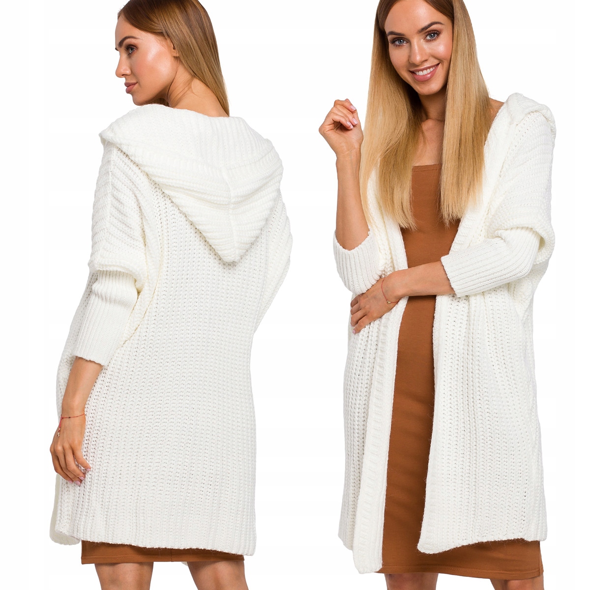 KOBIECY SWETER KARDIGAN SWETEREK Z KAPTUREM UNISIZE DŁUGI ECRU UNI