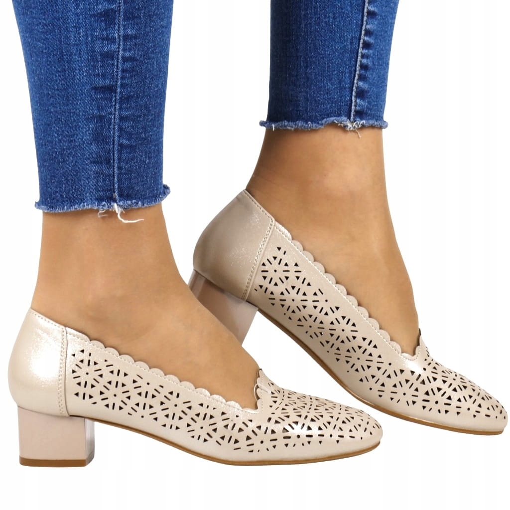 Dámské Polobotky Na Nízkém Podpatku, Zlaté, Béžové, S Vykrojením