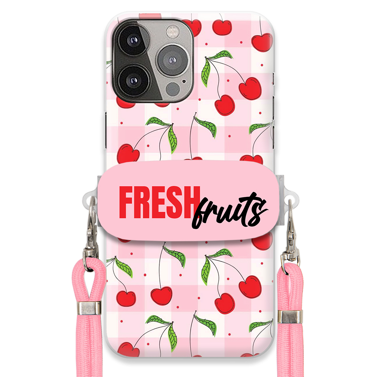 Pouzdro pro iPhone 13 Pro Max Držák Šňůrka Růžová Fresh Fruits Mřížka