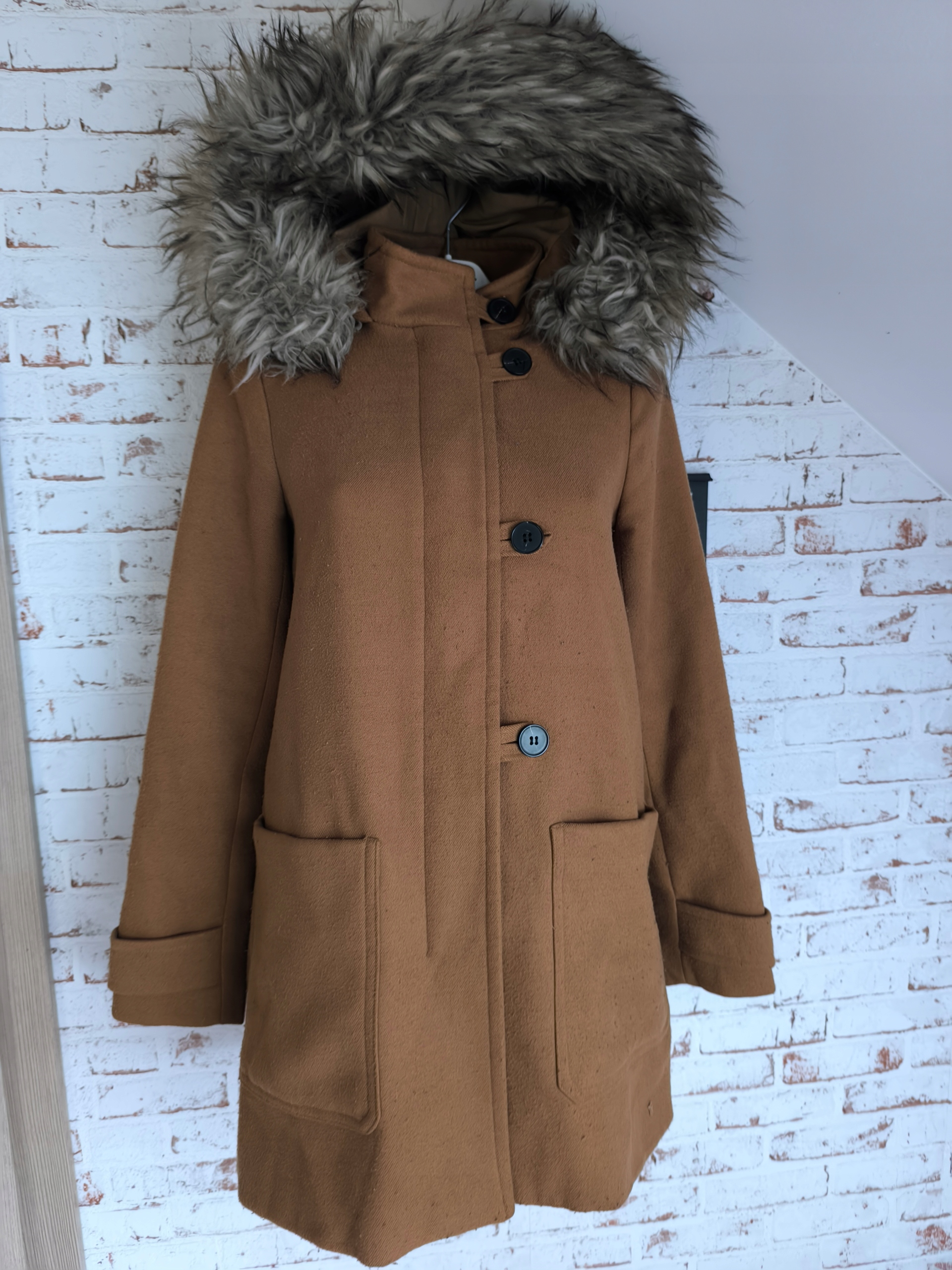 DAMSKI BRĄZOWY PŁASZCZYK Z KAPTUREM ZARA XS