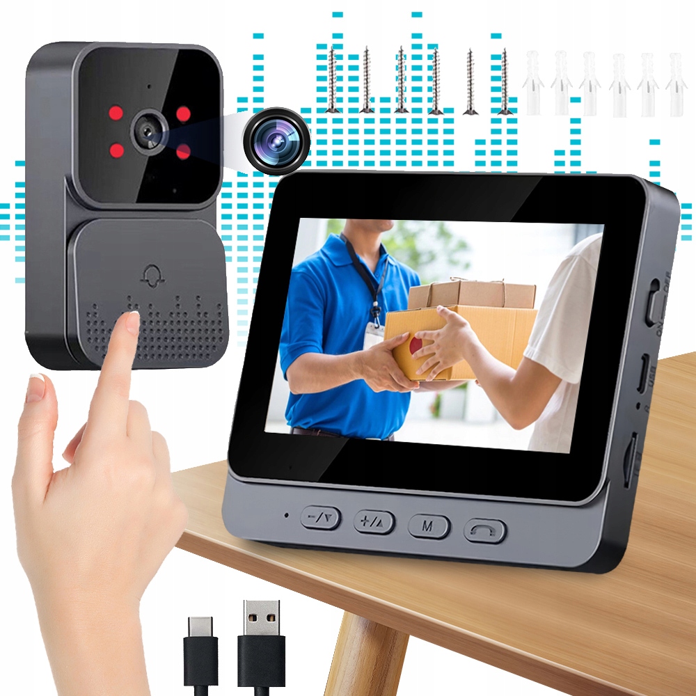 Videodomofon Monitor Bezdrátový Videozvonek Černý Ips 4.3''