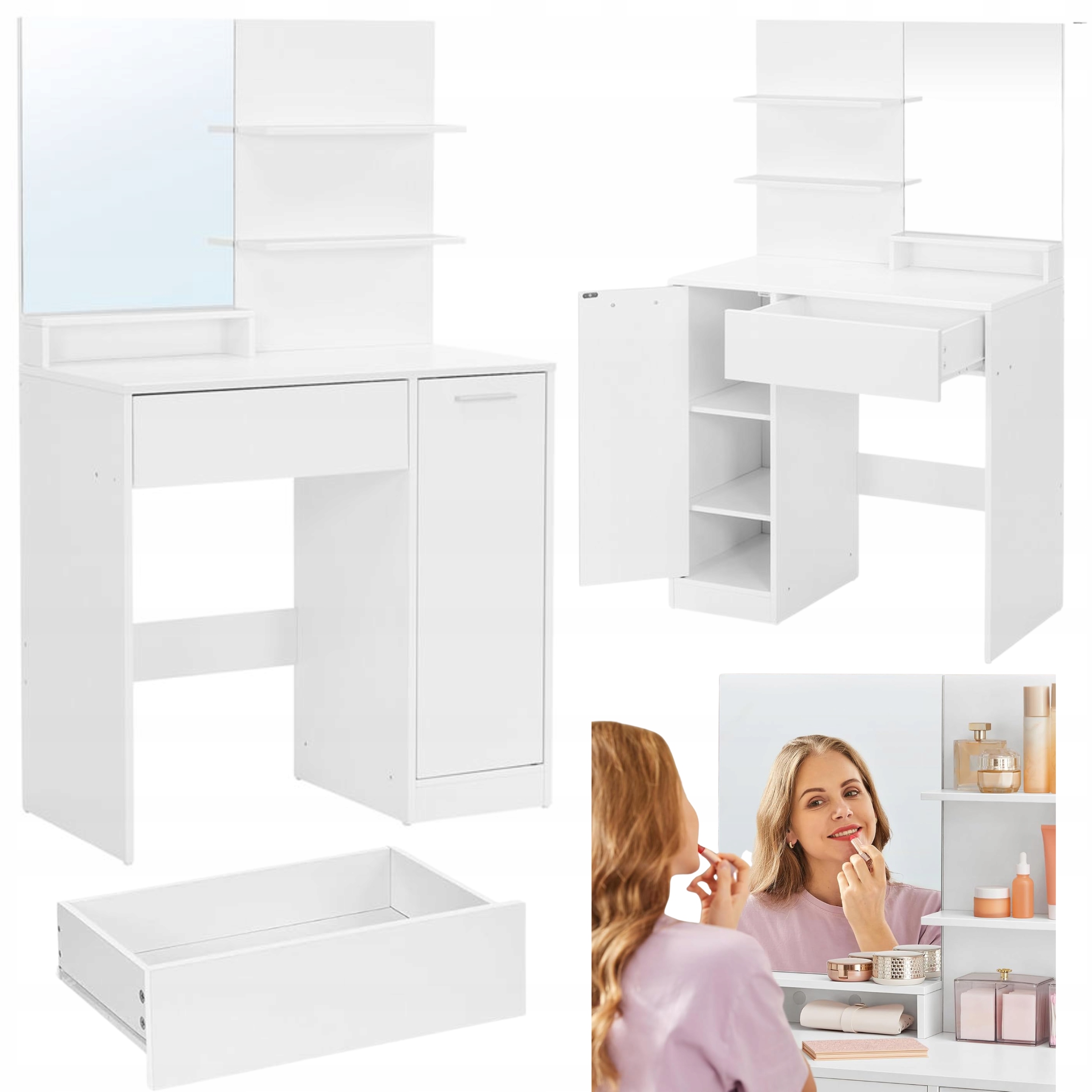 Toaletní Stolek Bílý se zrcadlem Polička Skříňka na kosmetiku Komoda na make-up