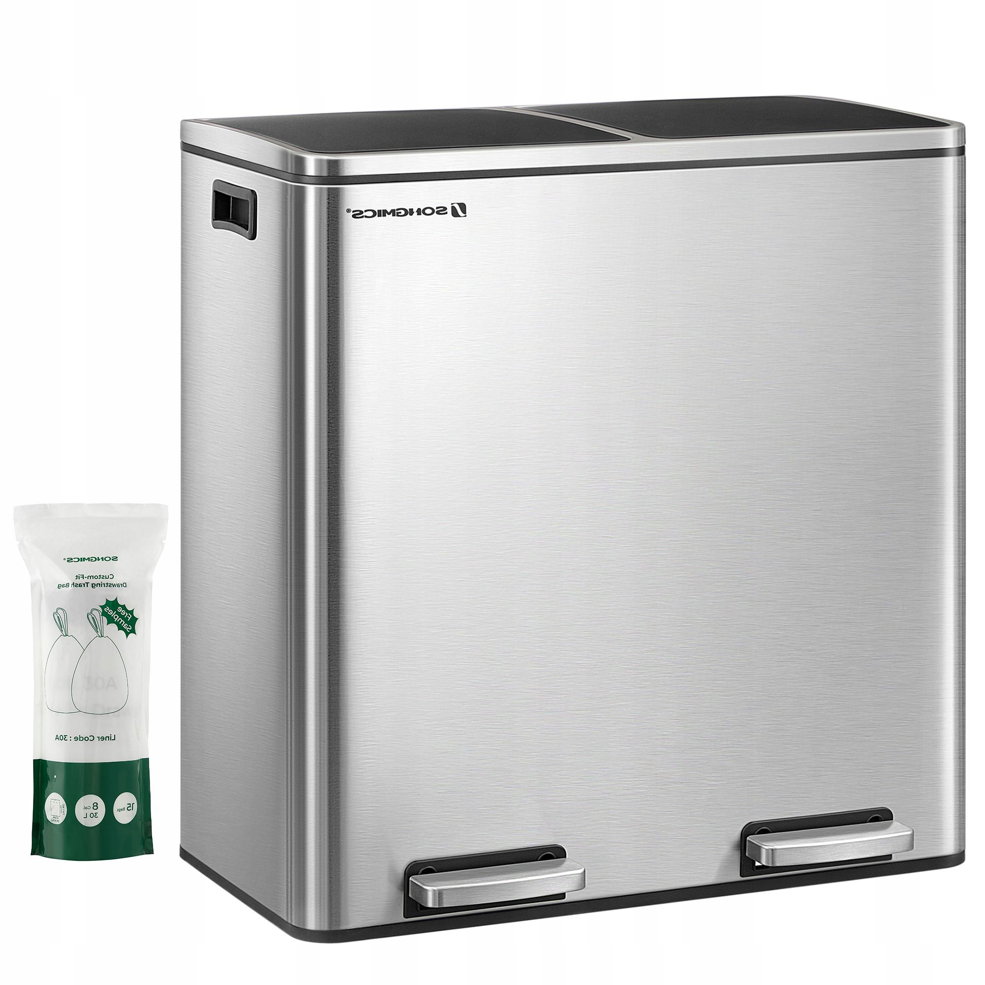 Strieborný kôš z ocele na odpadky 2 x nádoba 30 L na triedenie odpadu