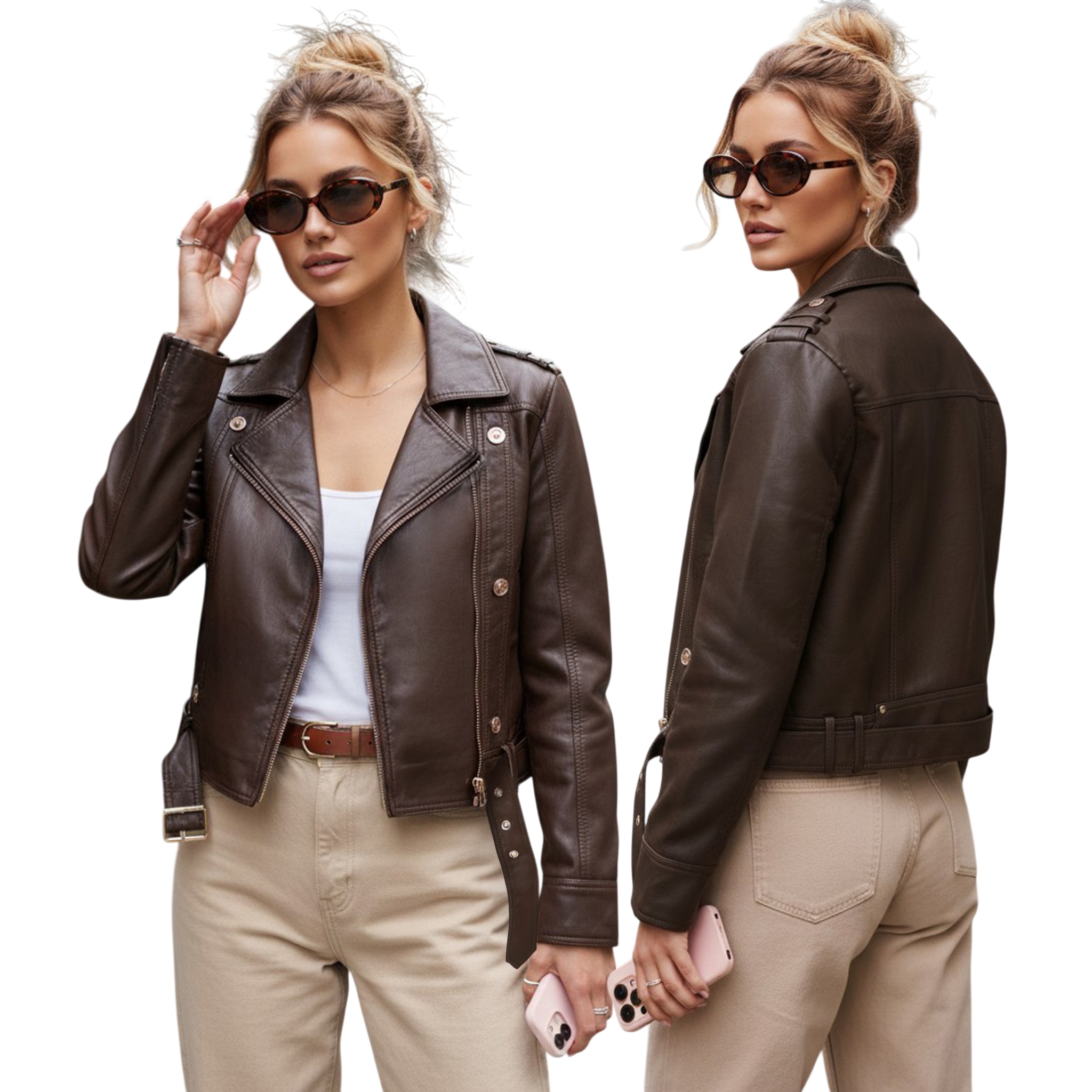 Ramoneska damska skórzana z asymetrycznym zamkiem brązowa TY5641 M