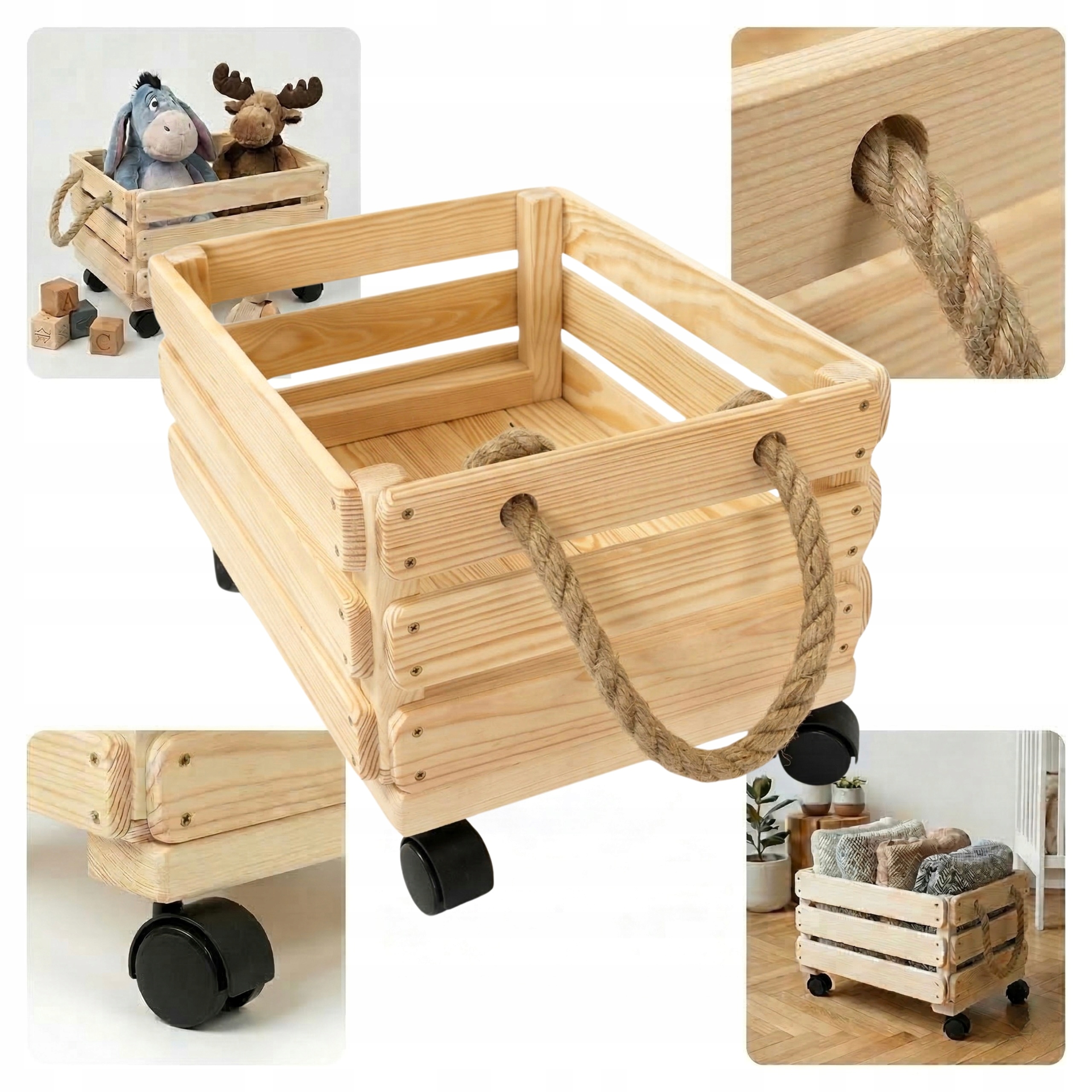 Dřevěná krabička koš košík kontejner na hračky Vinylová kolečka Kvalita