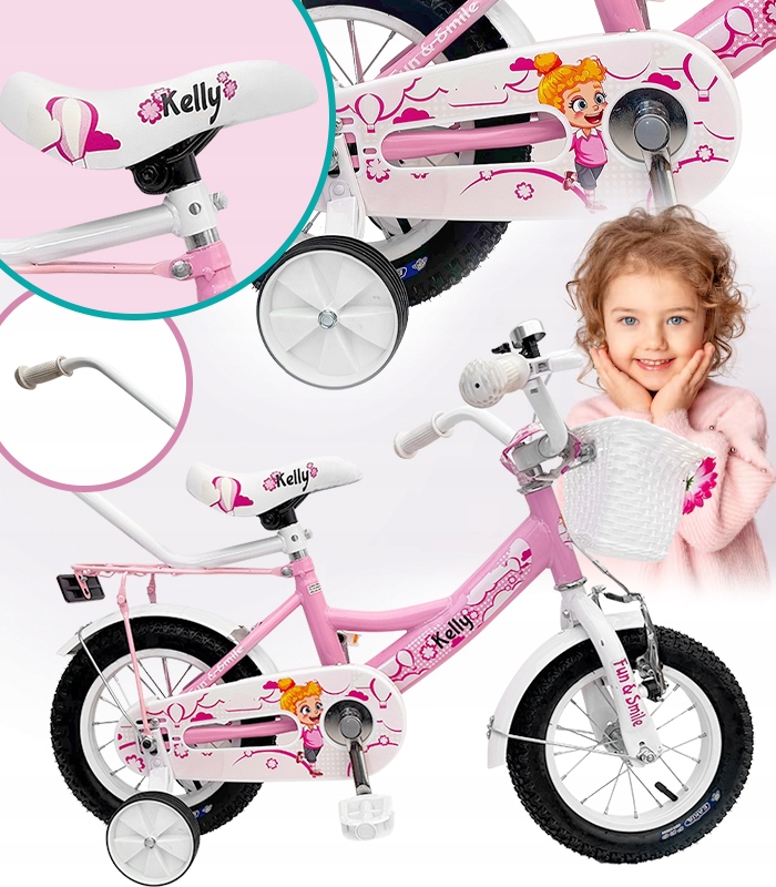 Rowerek Dziecięcy 12CALI Różowy Dzwonek Hamulec Koszyk Bagażnik Koła Boczne