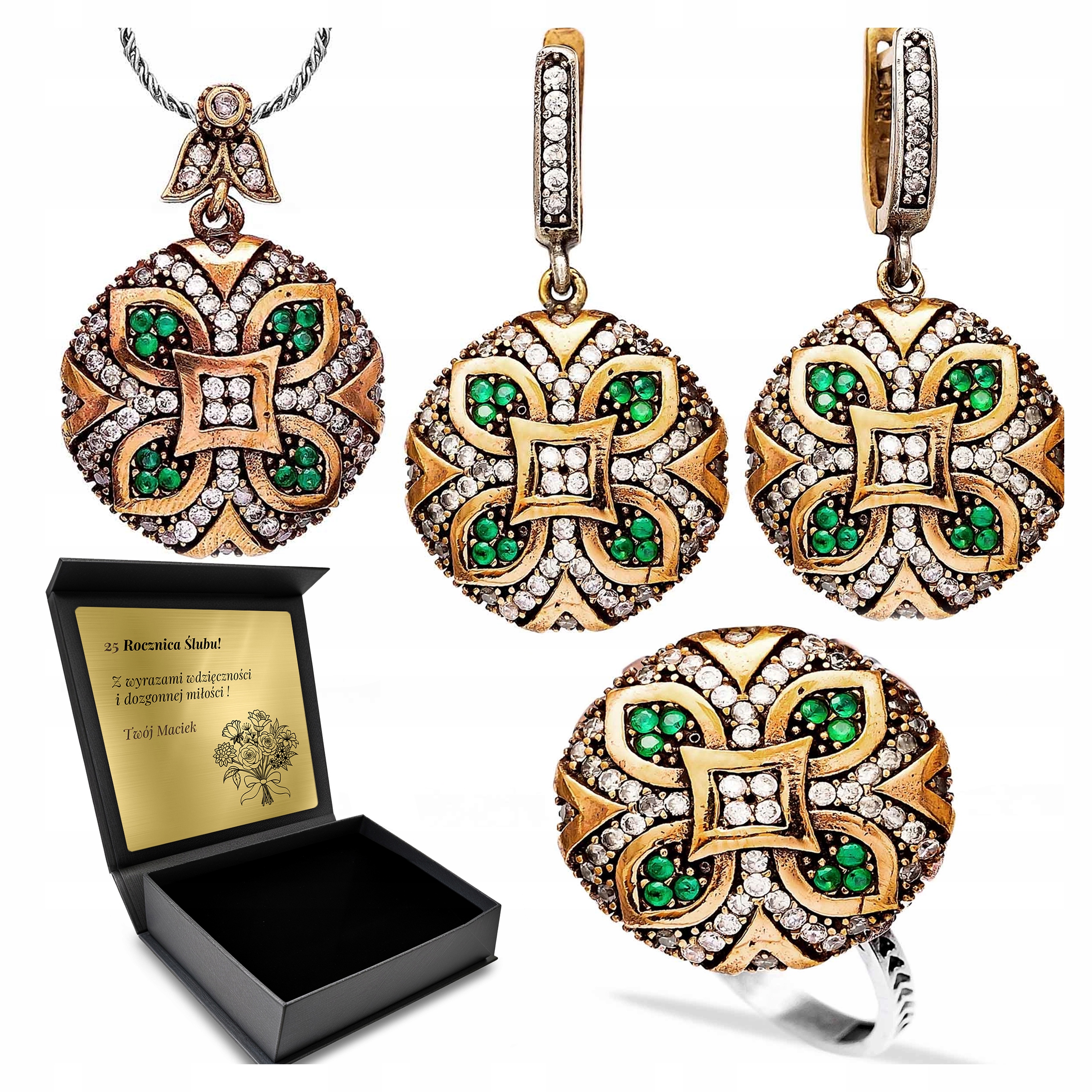 Komplet Stříbrných Šperků 925 Zirkony Smaragd Dárek pro ženu Gravírování