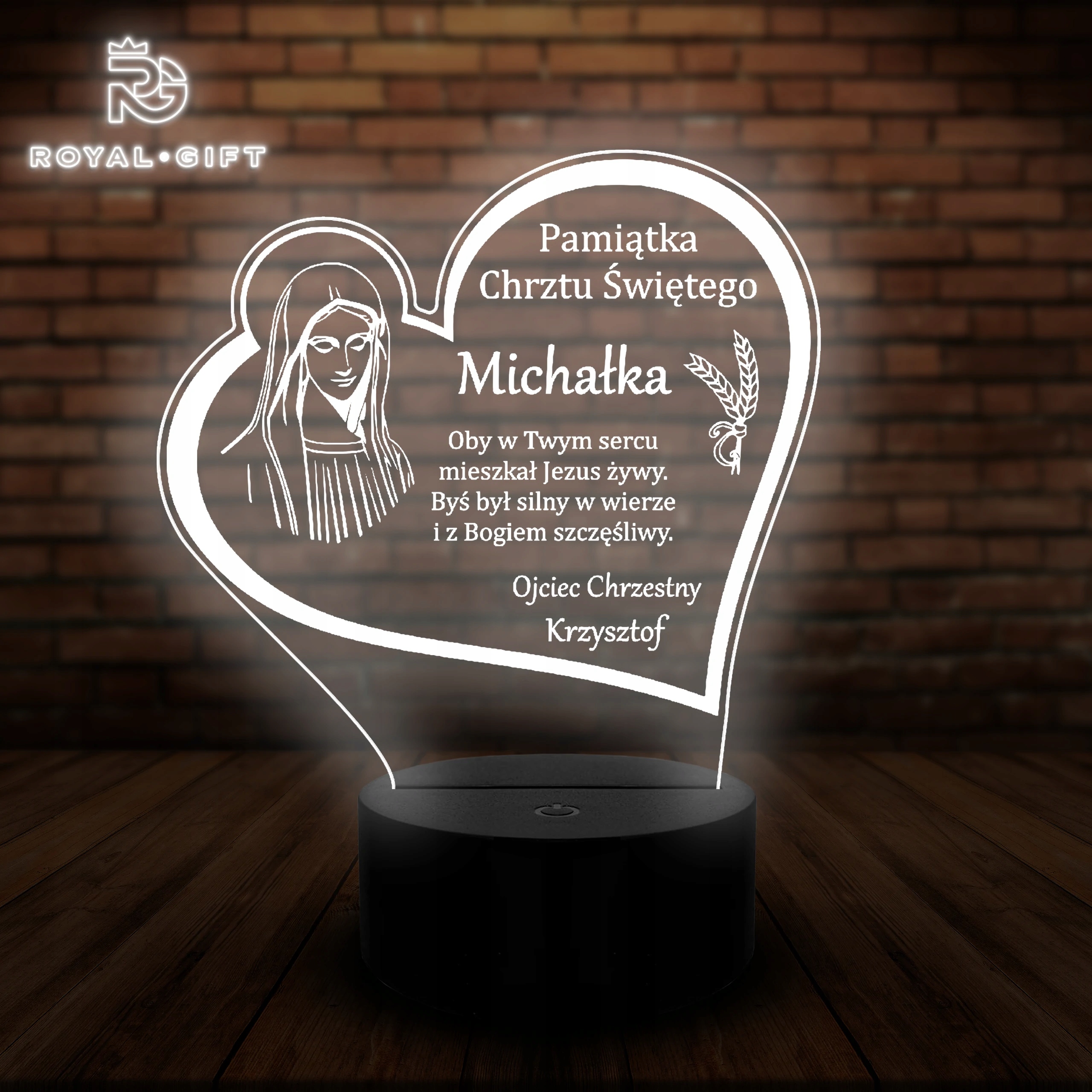 Lampka Led Na Biurko Statuetka 3D Pamiątka Chrztu Świętego Imię Dziecka Kolor wielokolorowy