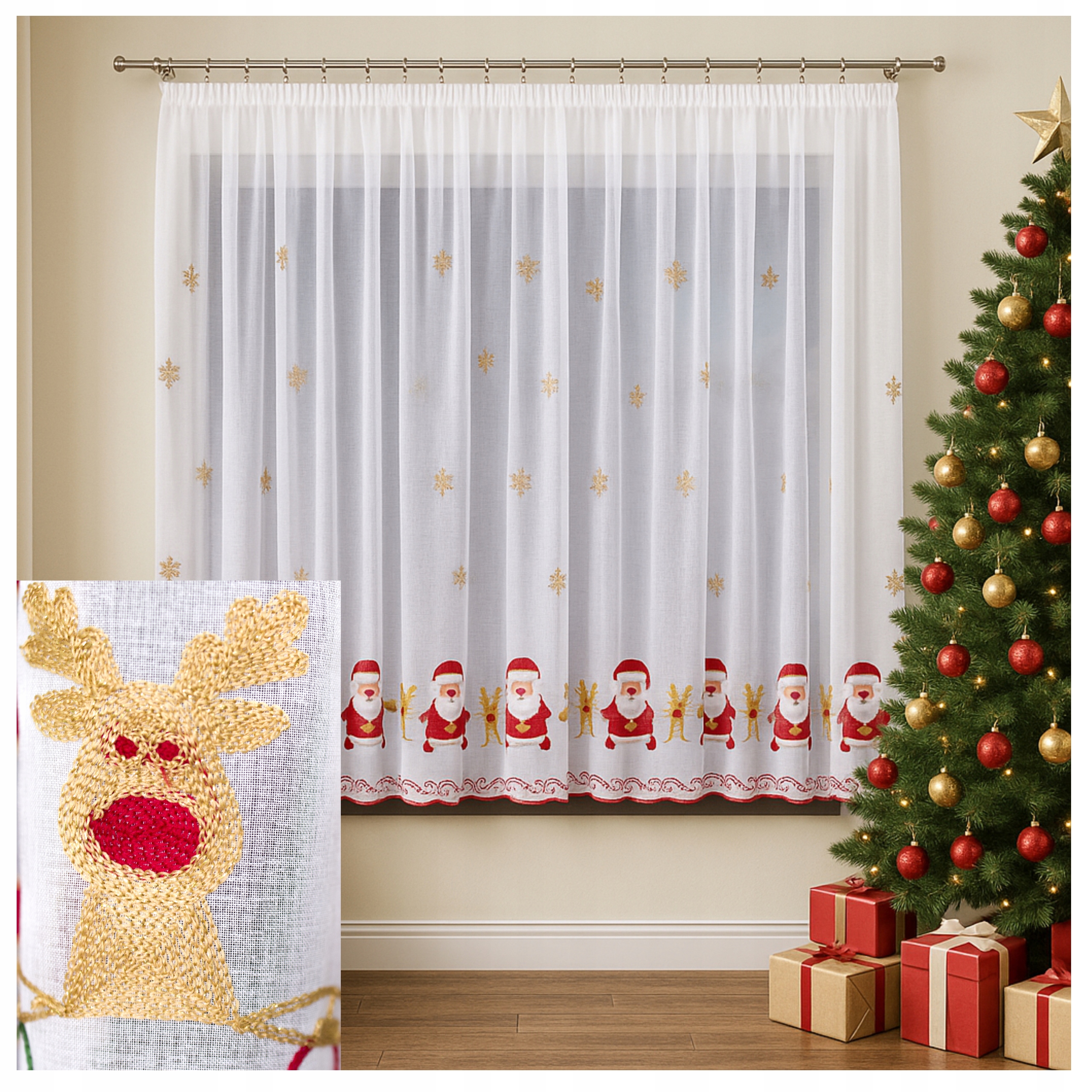 Hotová záclona vánoční záclona 700 x 250 cm, výšivka Mikulášští sobi, sněhové vločky