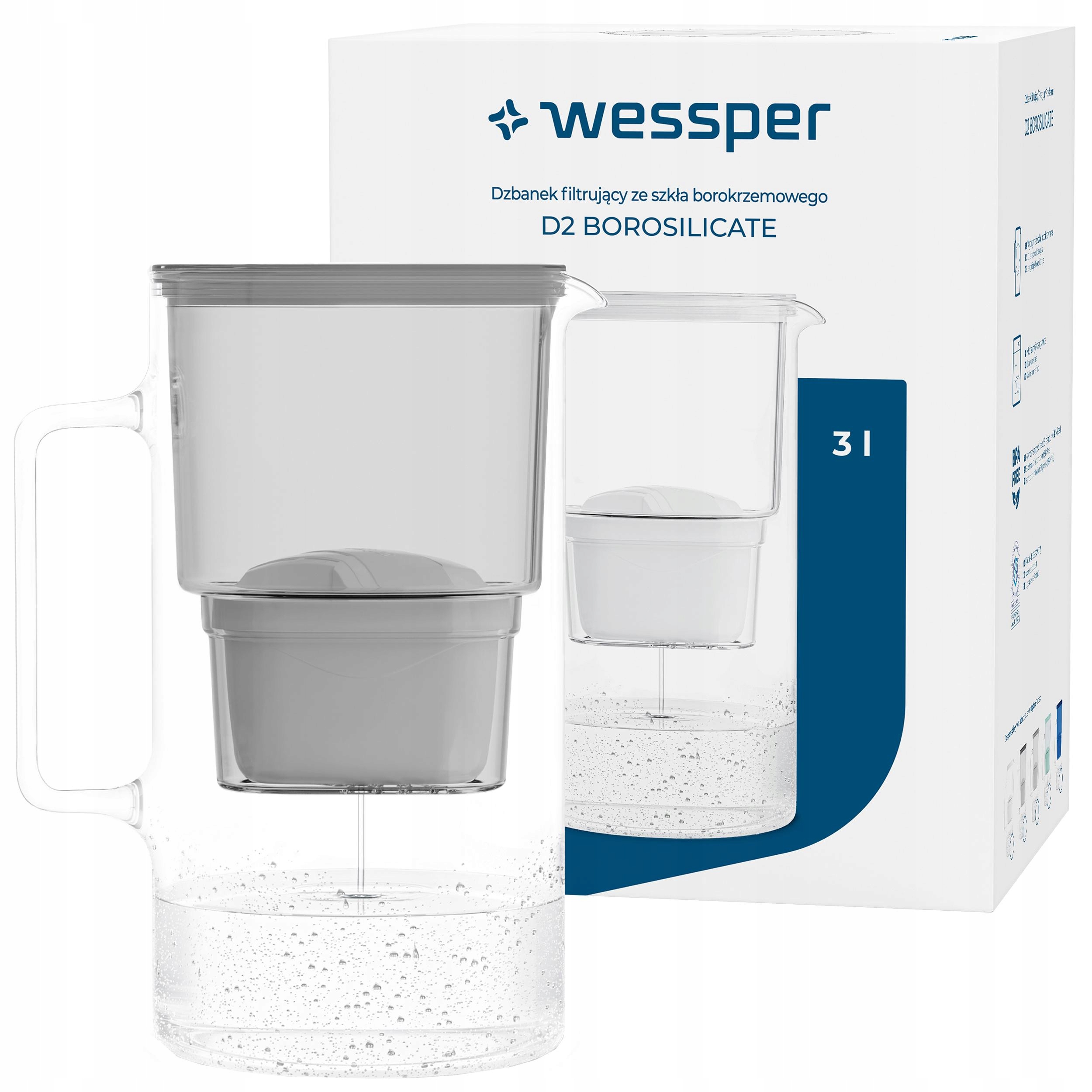 Dzbanek Szklany Wessper D2 Borosilicate 3l 1x Filtr Wkład Wody Wessper