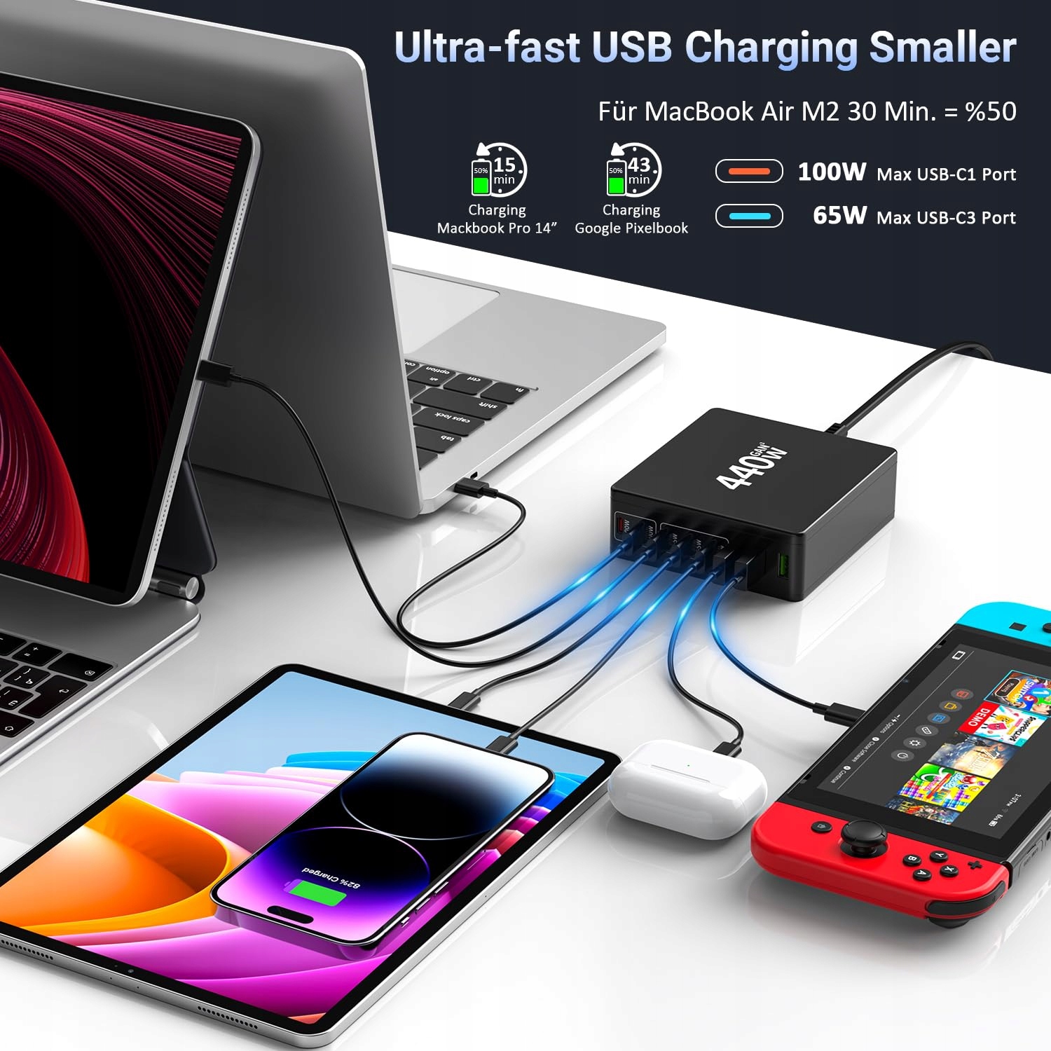 HSSNS Ładowarka USB-C 440W 8-Port Szybkie Ładowanie Laptop iPhone — miniatura 4